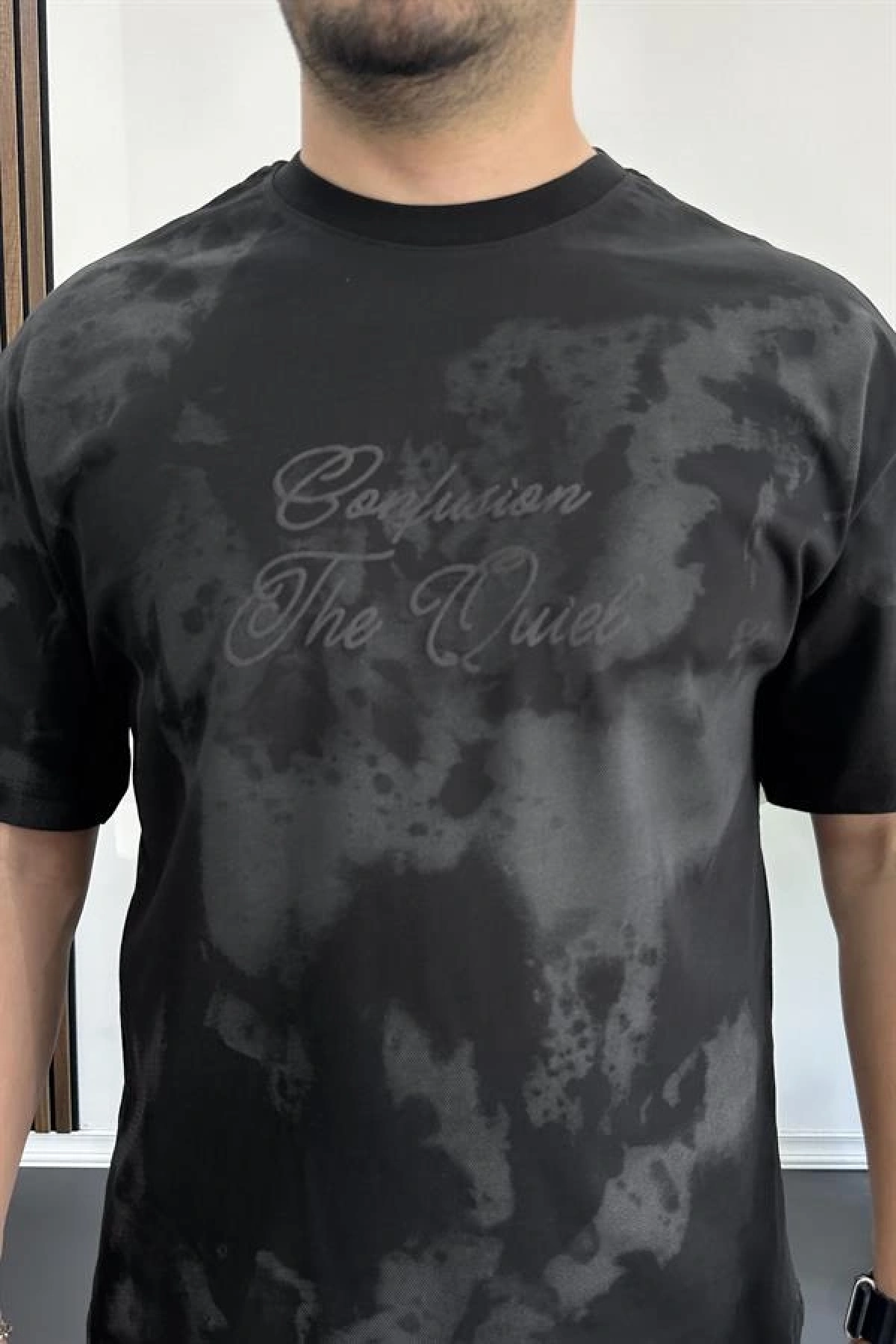 Erkek Oversize Ön ve Arka Kabartmalı Slogan Baskılı Tişört Siyah Edw368