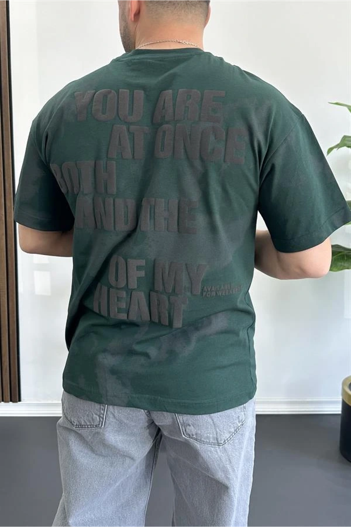 Erkek Oversize Ön ve Arka Kabartmalı Slogan Baskılı Tişört Yeşil Edw368