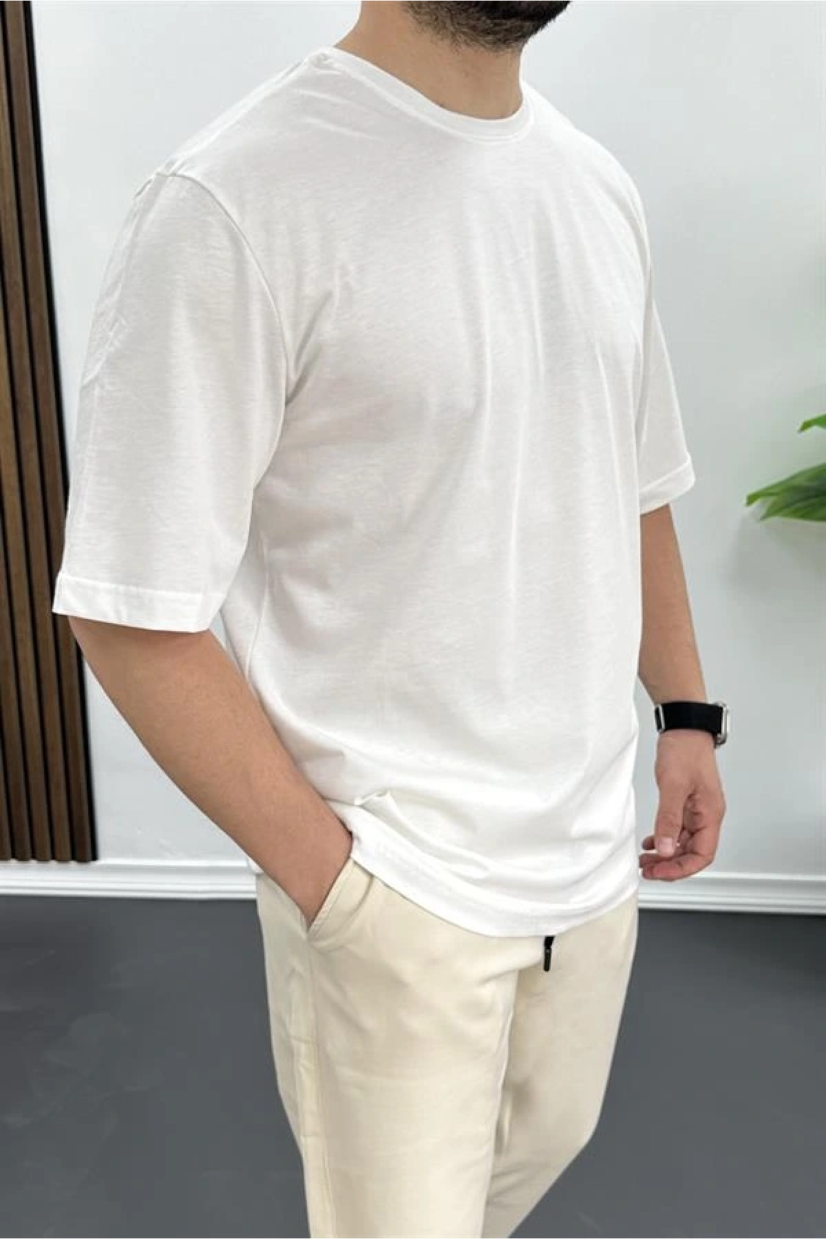 Erkek Oversize Pamuklu Basic T-shirt Ekru Edw089