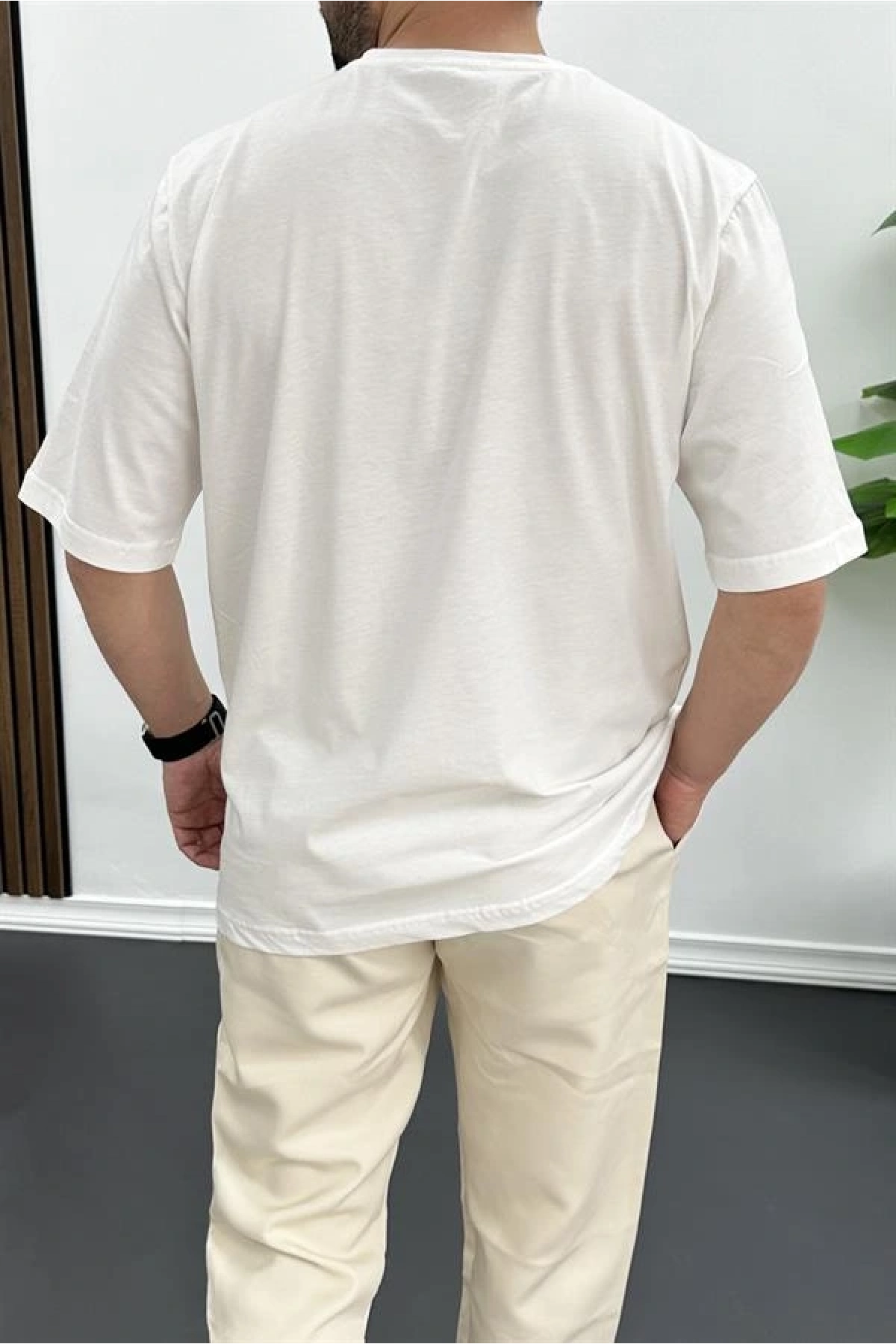 Erkek Oversize Pamuklu Basic T-shirt Ekru Edw089