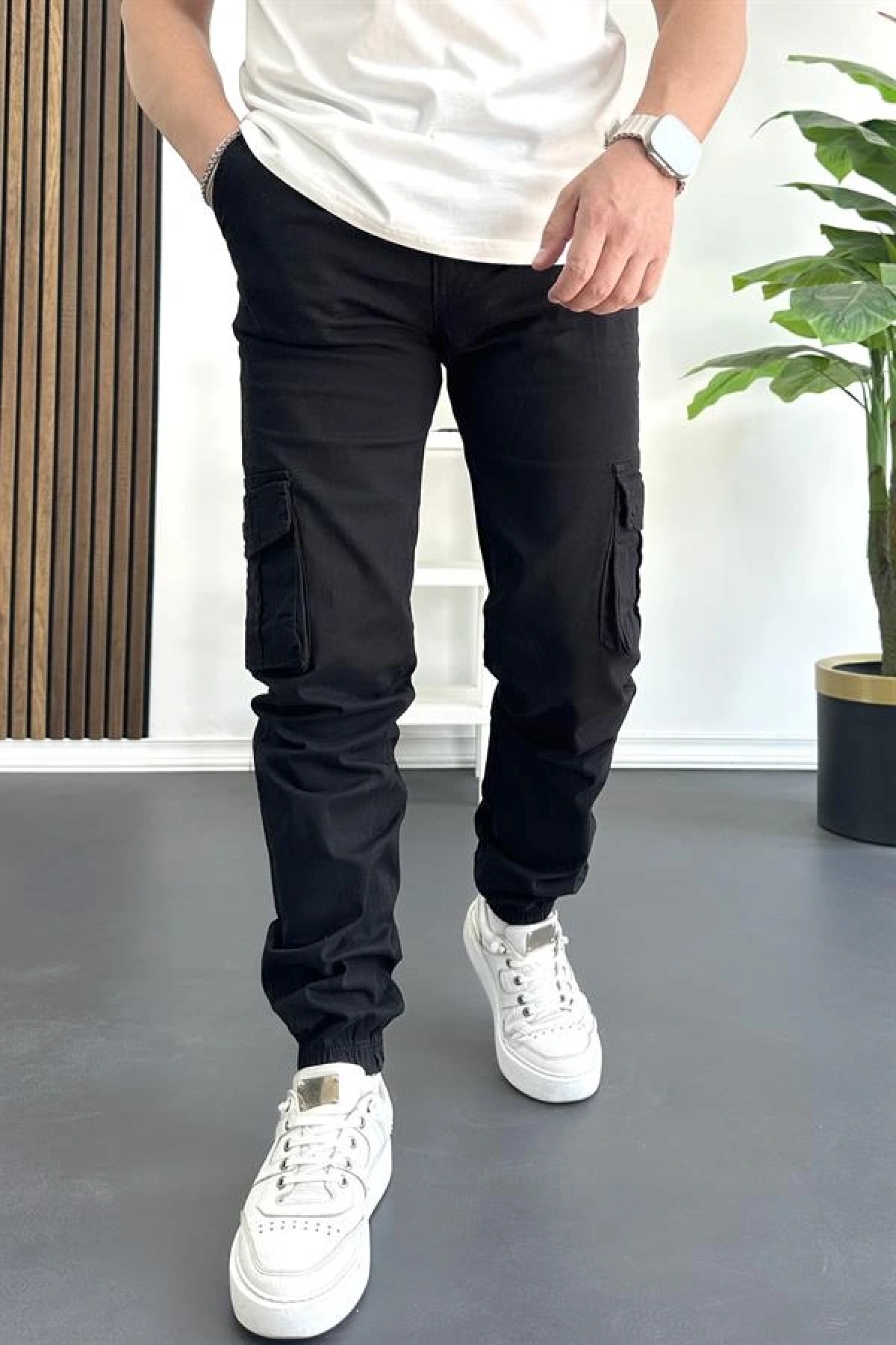 Erkek Paçası Lastikli Kargo Cepli Pantolon Siyah Edw353