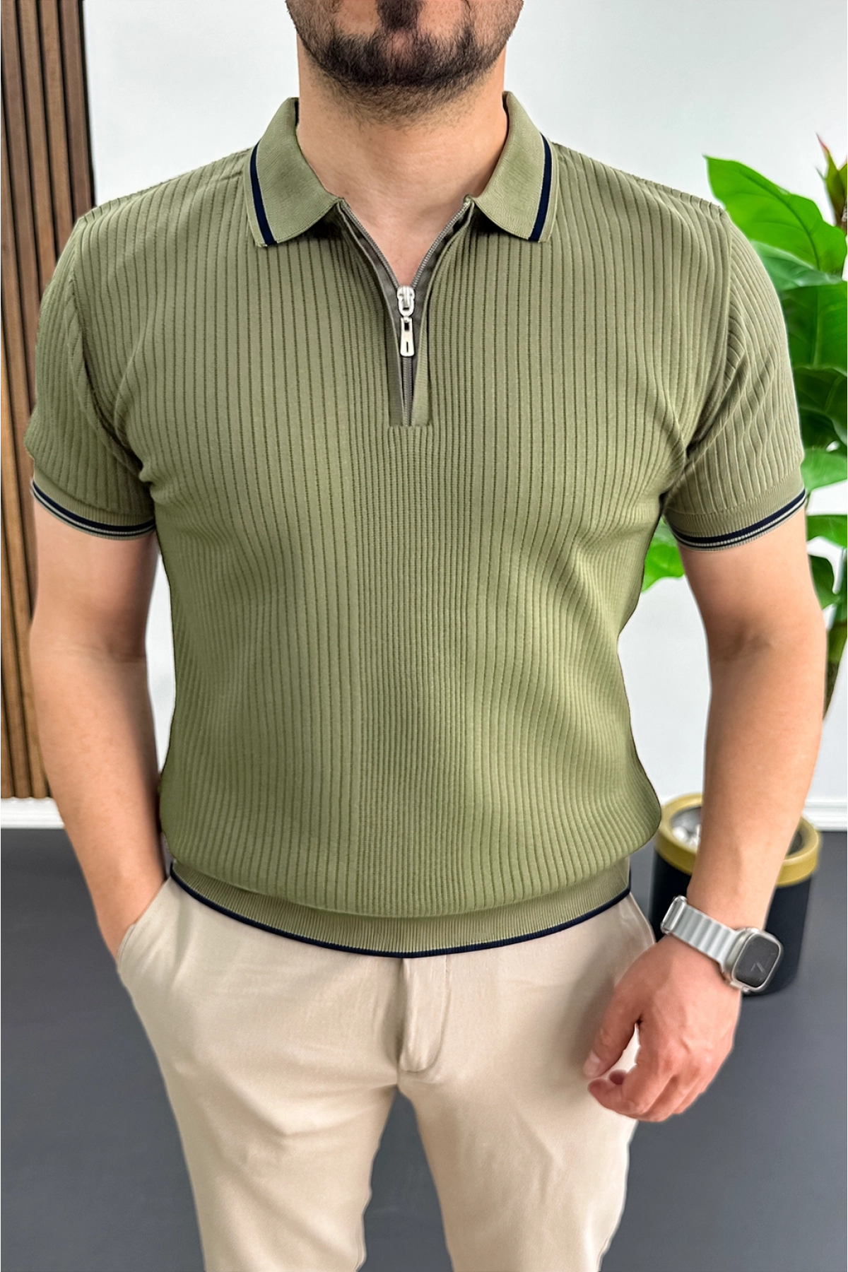 Erkek Polo Yaka Çizgili Tişört Haki Edw472