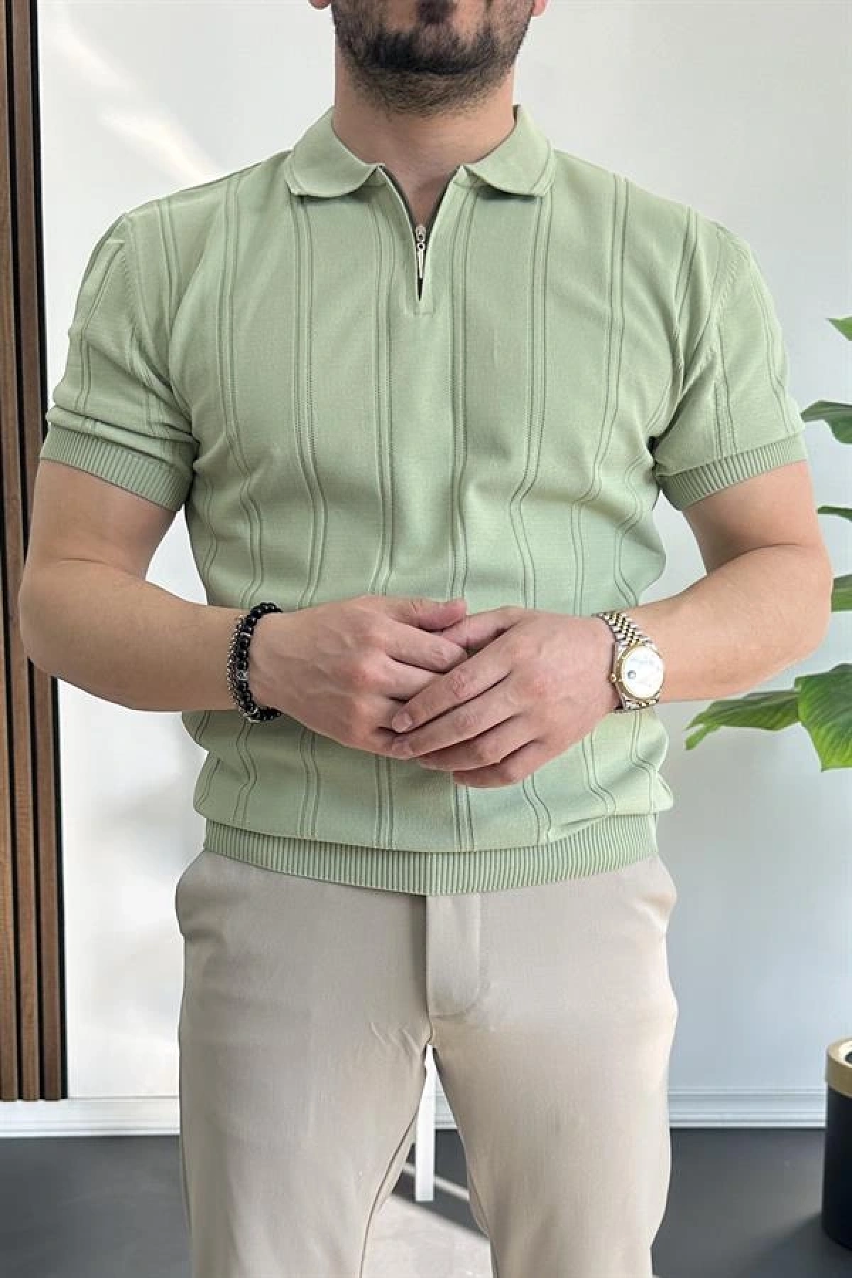 Erkek Polo Yaka Fermuarlı Desenli Tişört Açık Yeşil Edw262