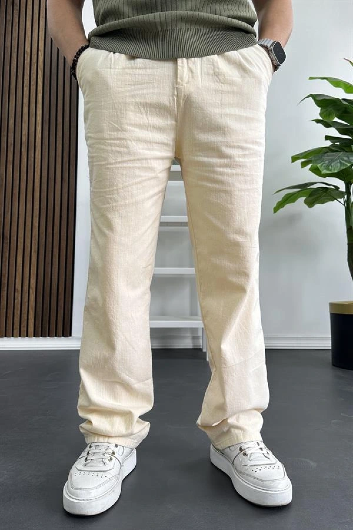 Erkek Rahat Kalıp Keten Pantolon Krem Edw266