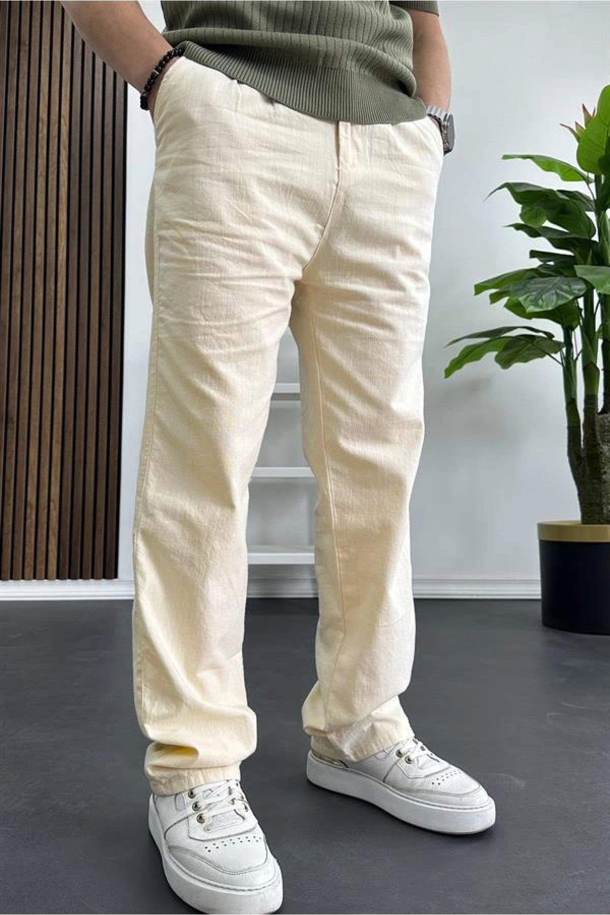 Erkek Rahat Kalıp Keten Pantolon Krem Edw266