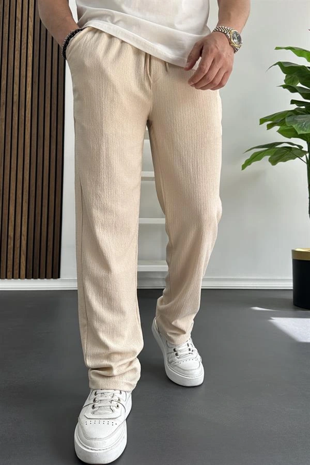 Erkek Rahat Kalıp Yazlık Pantolon Krem Edw269