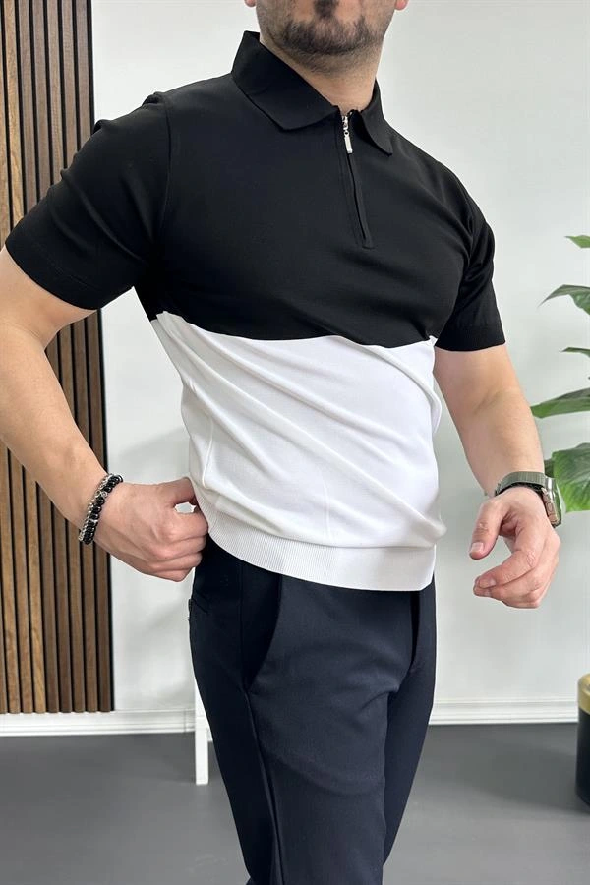 Erkek Renk Bloklu Polo Yaka Yarım Fermuarlı Tişört Beyaz Edw234