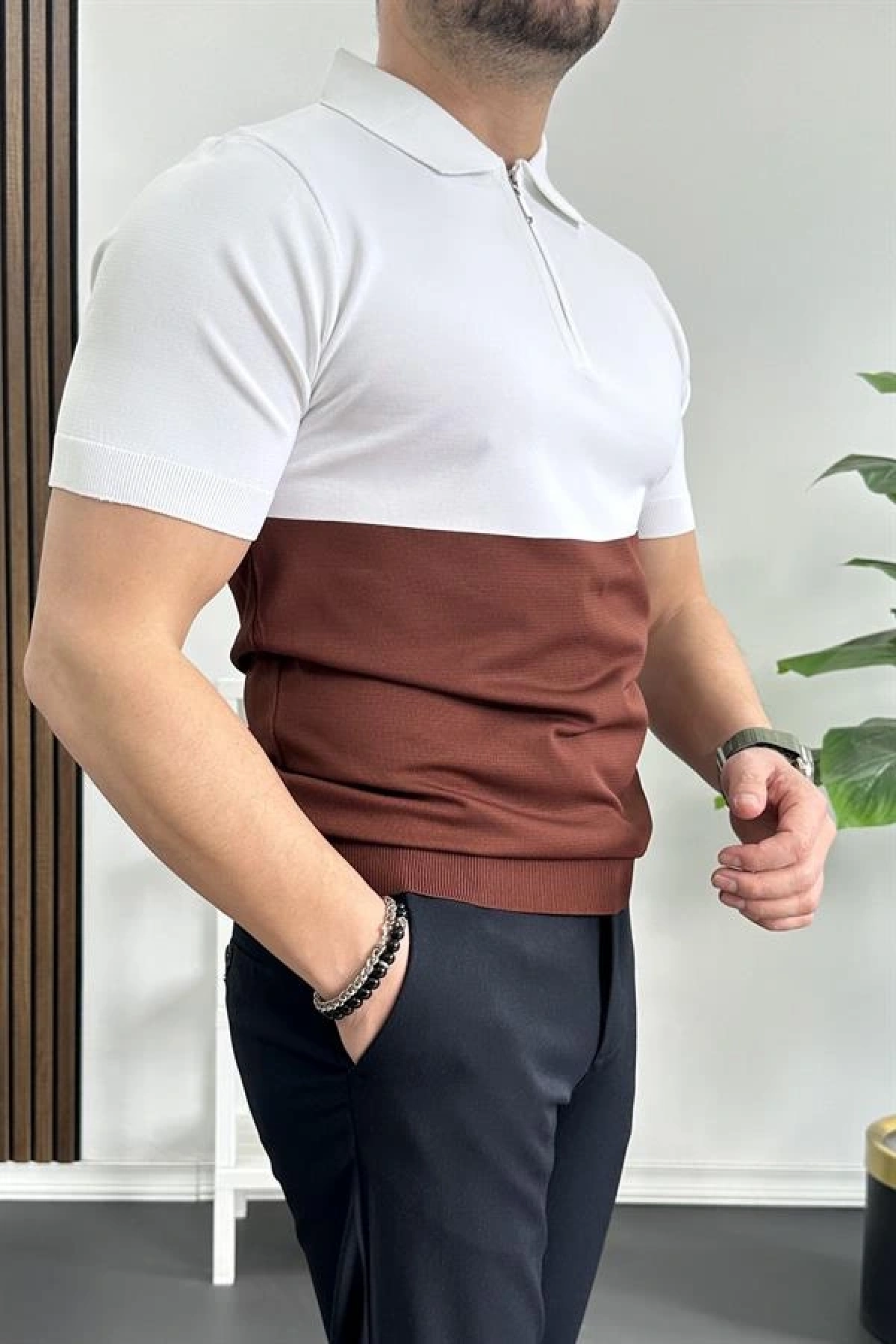 Erkek Renk Bloklu Polo Yaka Yarım Fermuarlı Tişört Kiremit Edw234