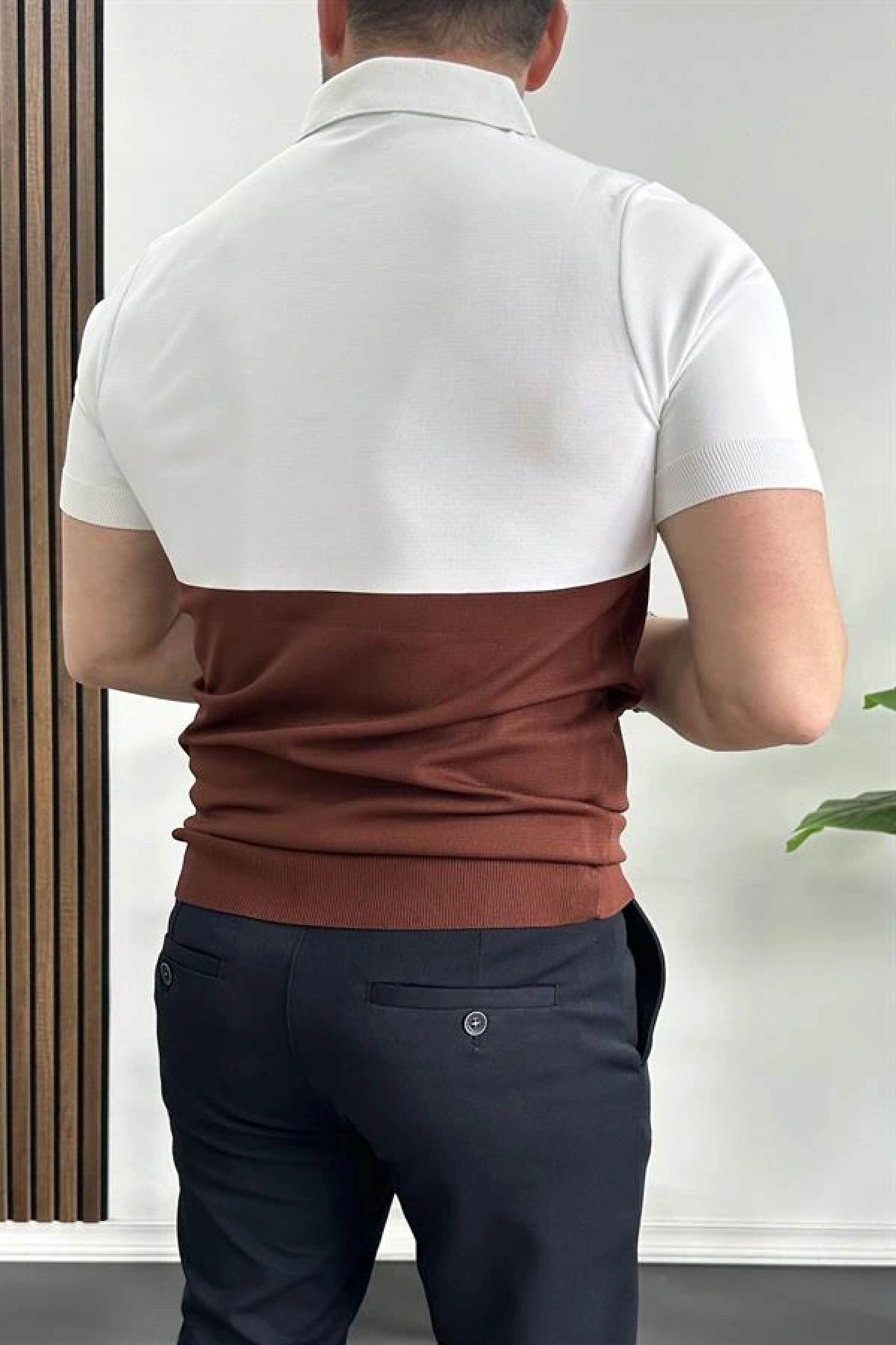 Erkek Renk Bloklu Polo Yaka Yarım Fermuarlı Tişört Kiremit Edw234