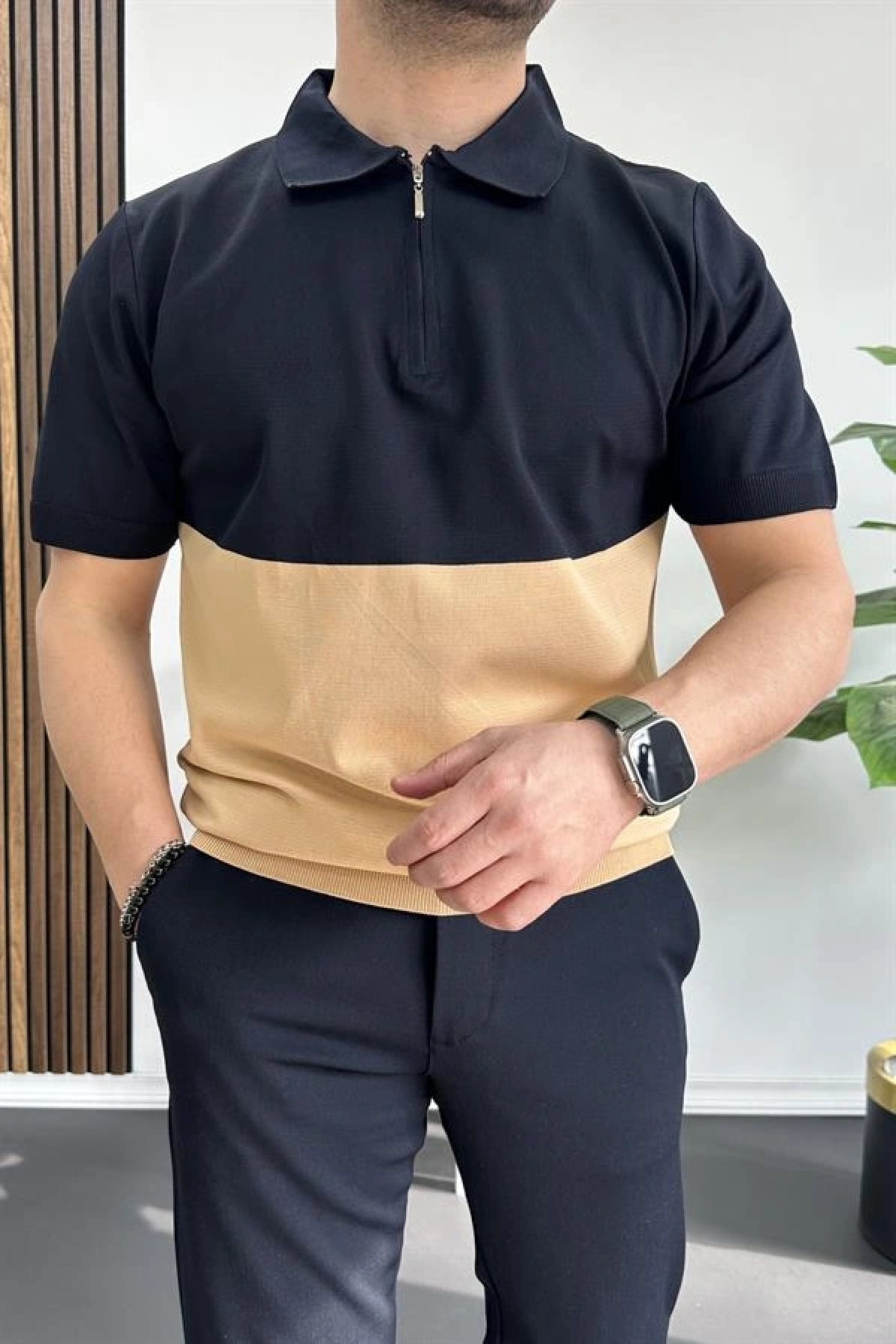 Erkek Renk Bloklu Polo Yaka Yarım Fermuarlı Tişört Lacivert Edw234