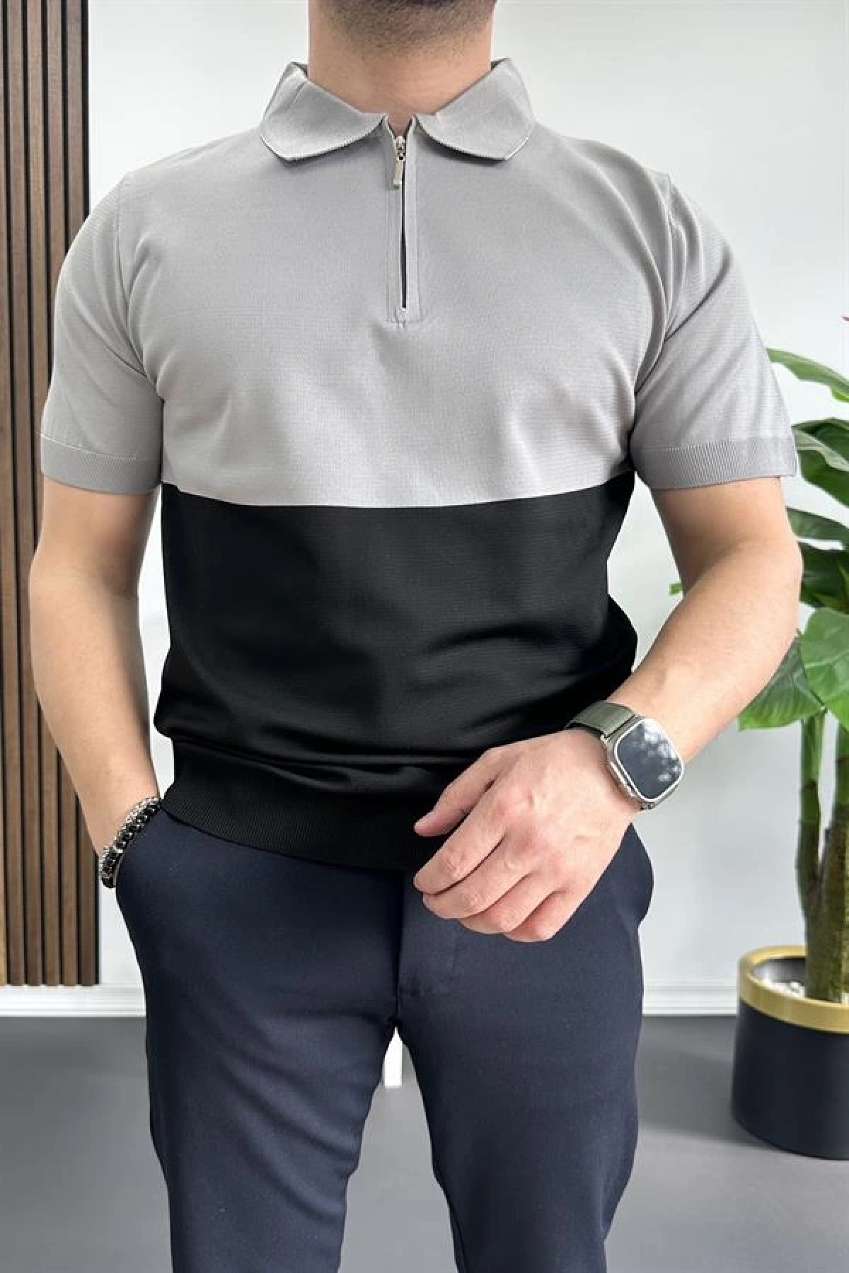 Erkek Renk Bloklu Polo Yaka Yarım Fermuarlı Tişört Siyah Edw234
