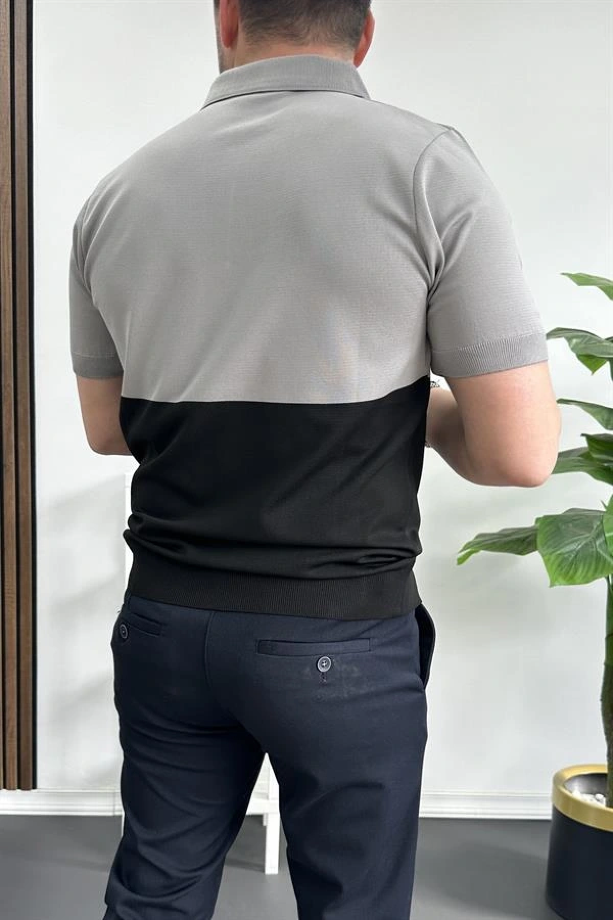 Erkek Renk Bloklu Polo Yaka Yarım Fermuarlı Tişört Siyah Edw234