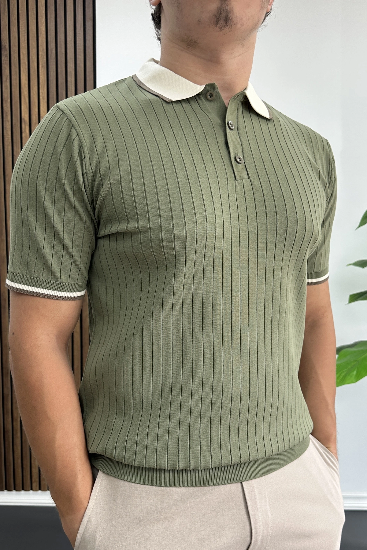 Erkek Şerit Detaylı Polo Yaka Tişört Açık Yeşil Edw497