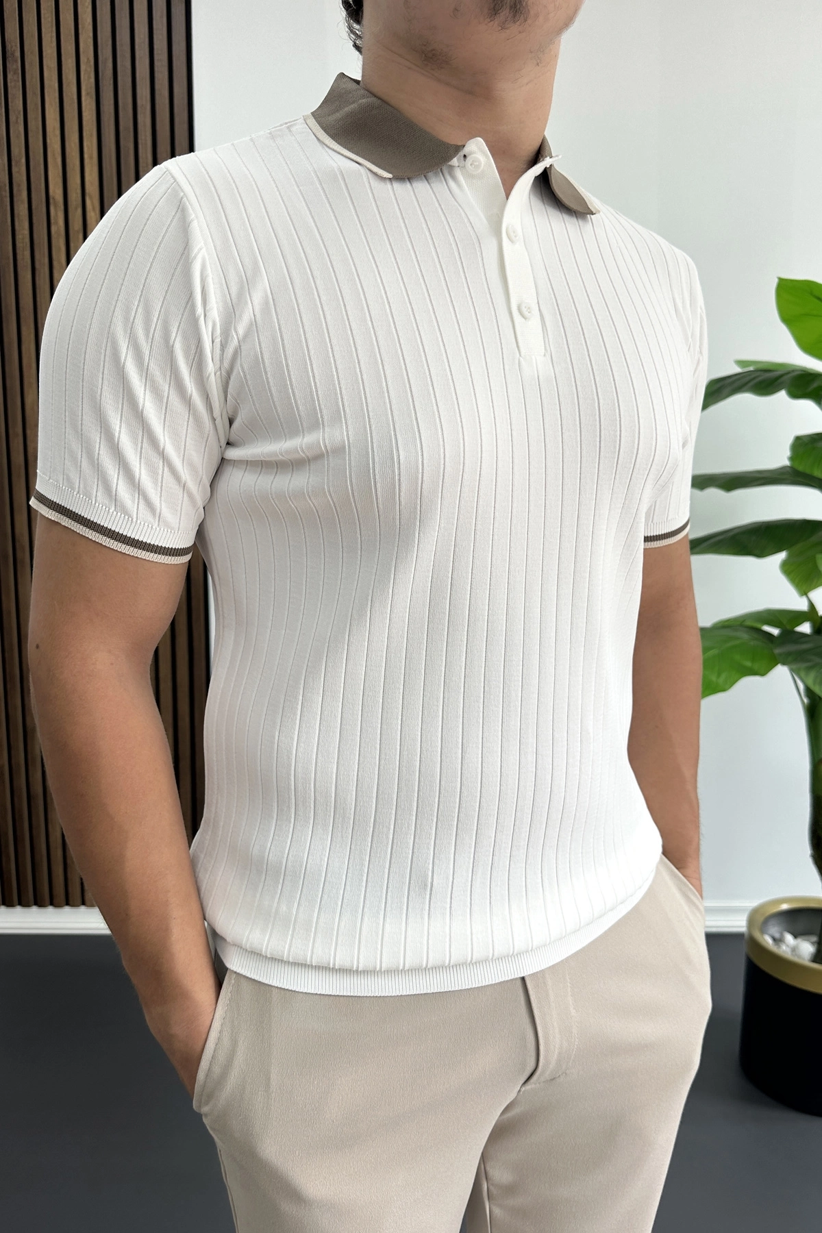 Erkek Şerit Detaylı Polo Yaka Tişört Beyaz Edw497