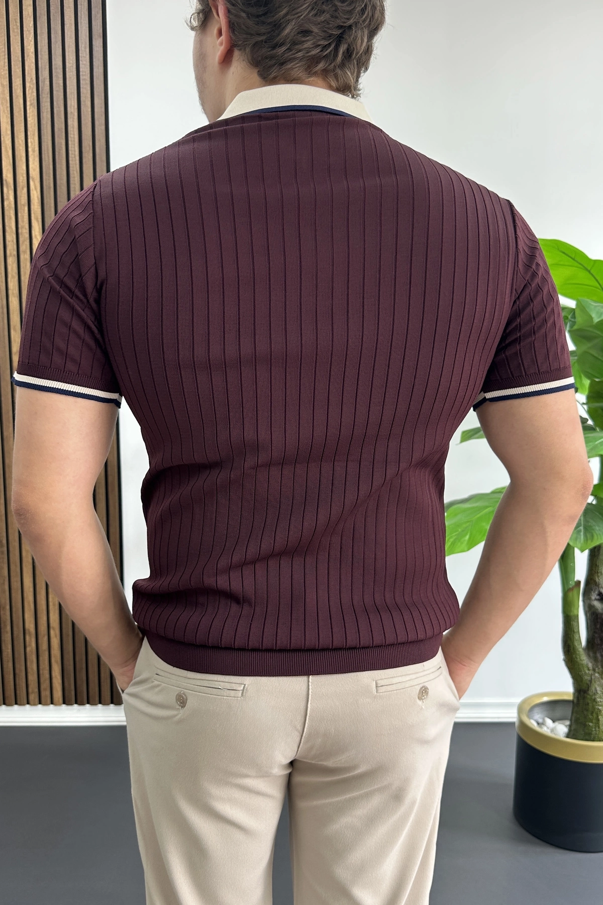 Erkek Şerit Detaylı Polo Yaka Tişört Bordo Edw497