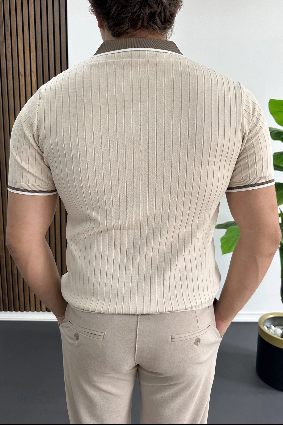 Erkek Şerit Detaylı Polo Yaka Tişört Krem Edw497