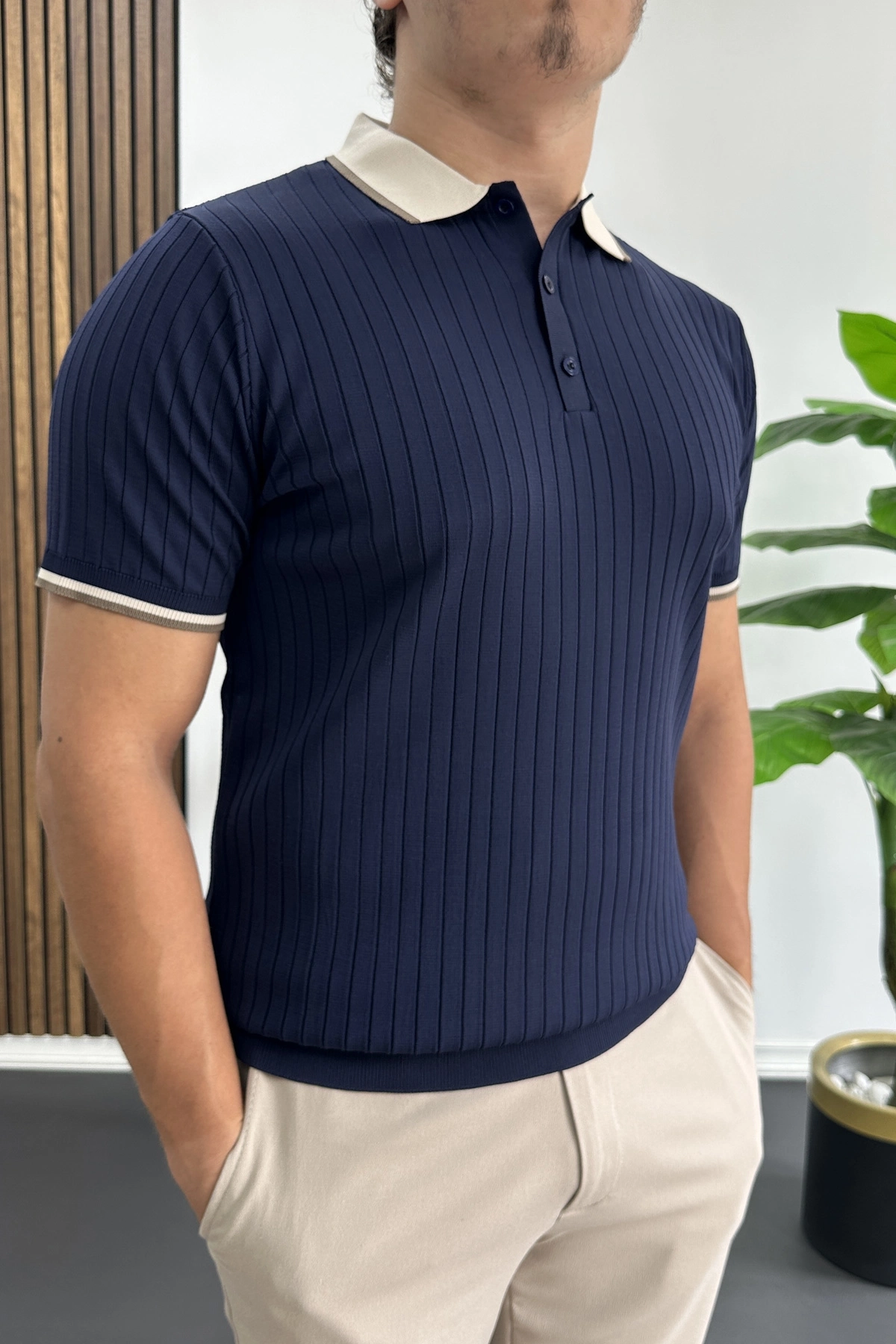Erkek Şerit Detaylı Polo Yaka Tişört Lacivert Edw497