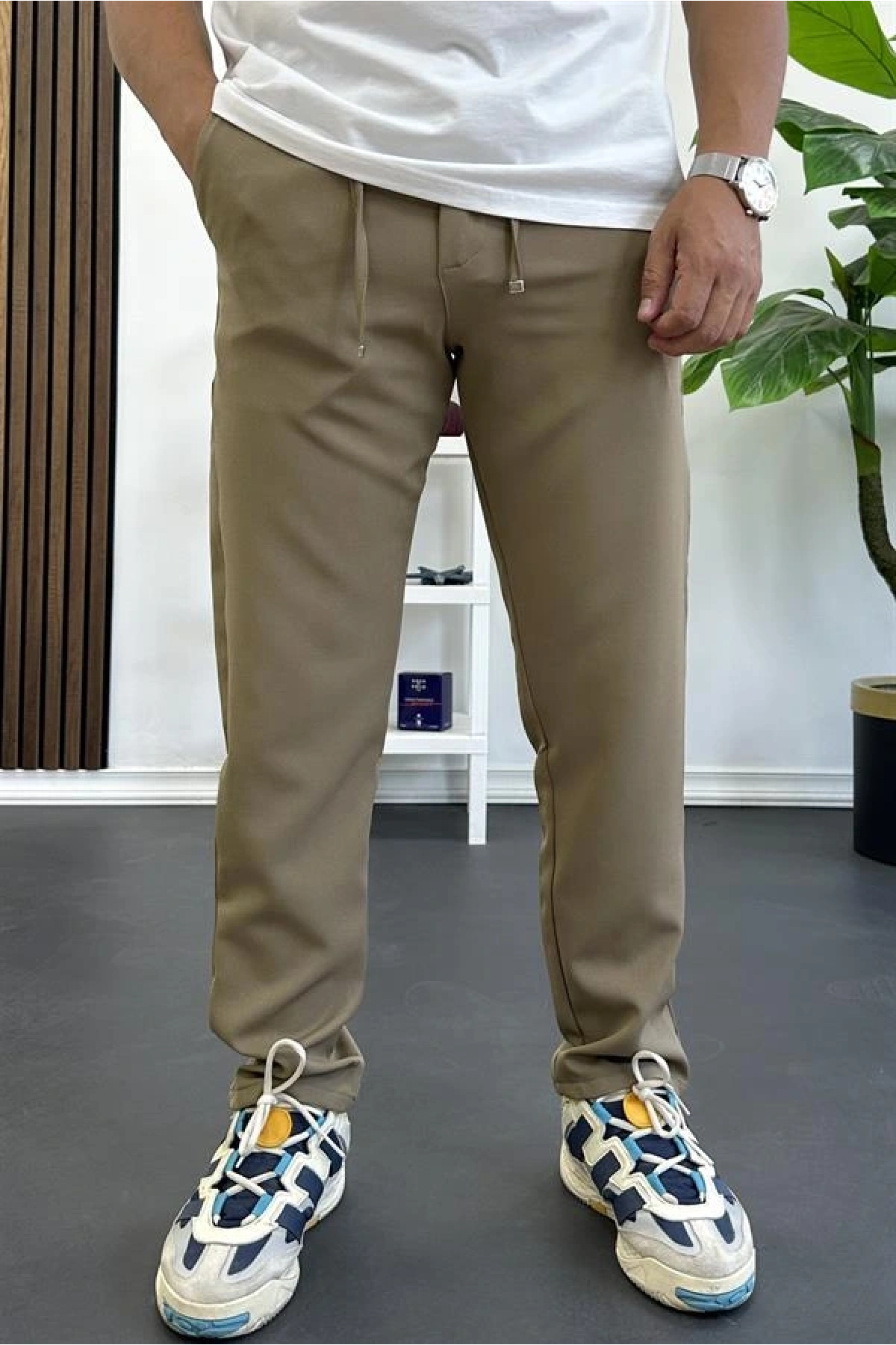 Erkek Slim Fit Beli İpli Düğmeli Pantolon Kahverengi Edw403