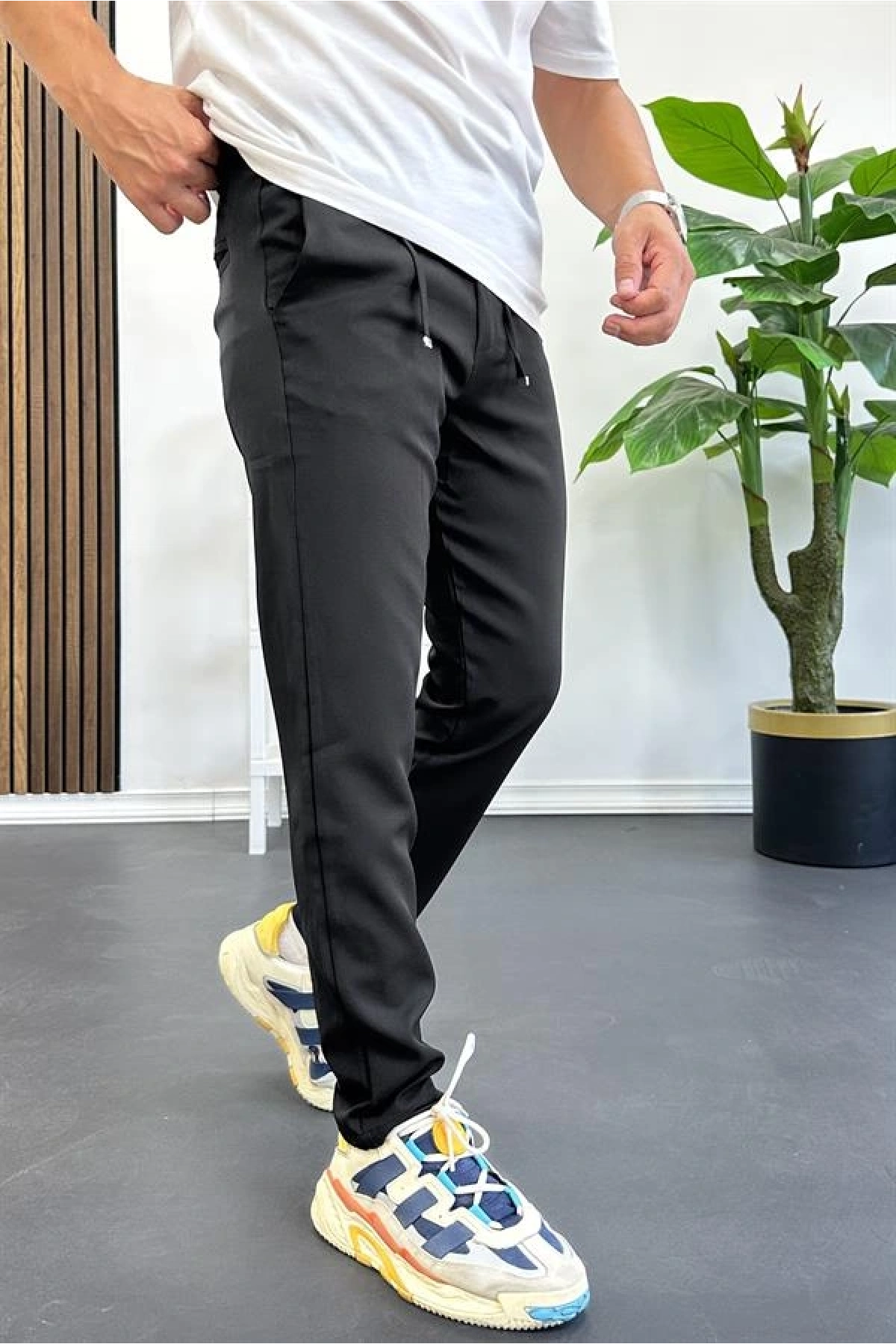 Erkek Slim Fit Beli İpli Düğmeli Pantolon Siyah Edw403