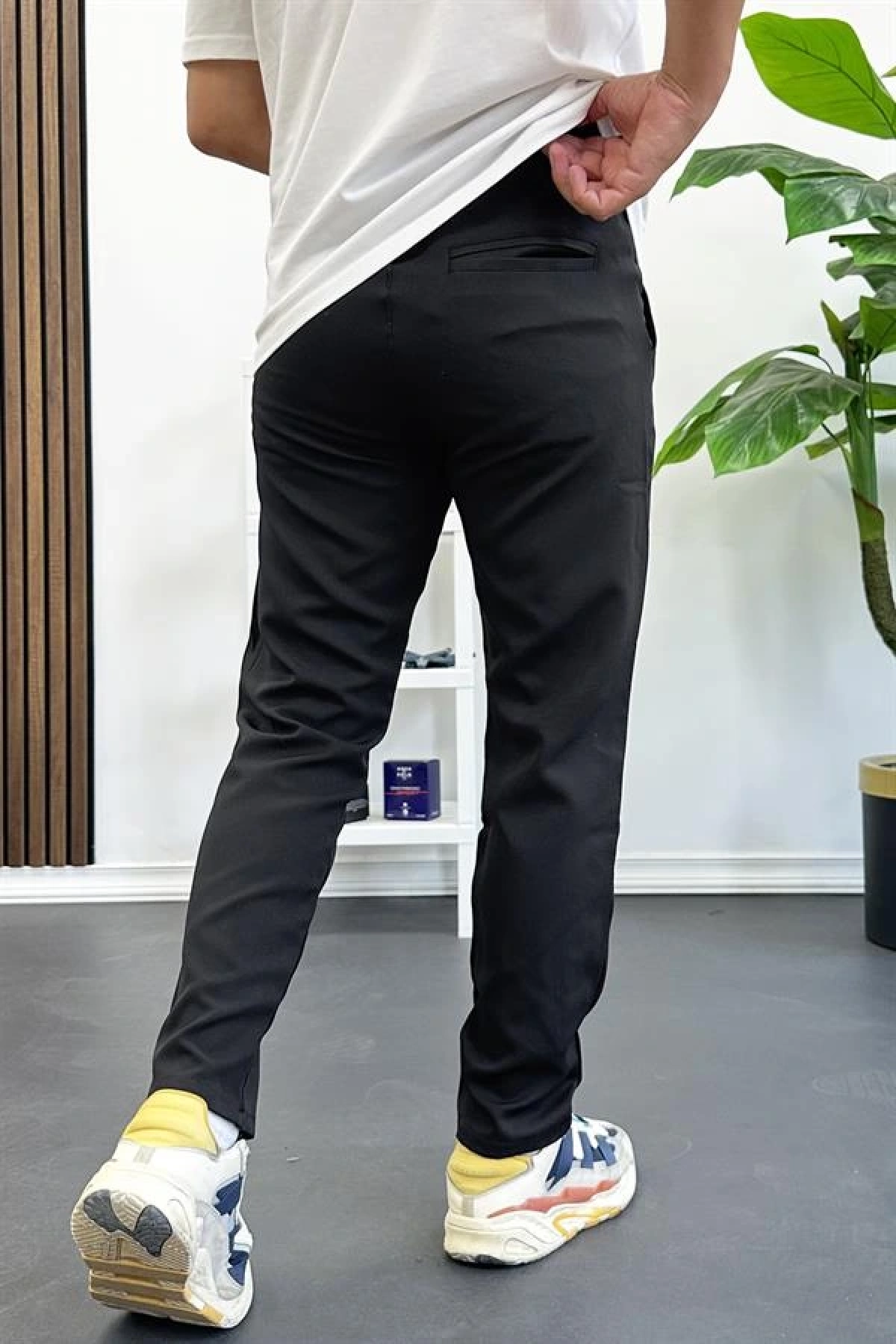 Erkek Slim Fit Beli İpli Düğmeli Pantolon Siyah Edw403