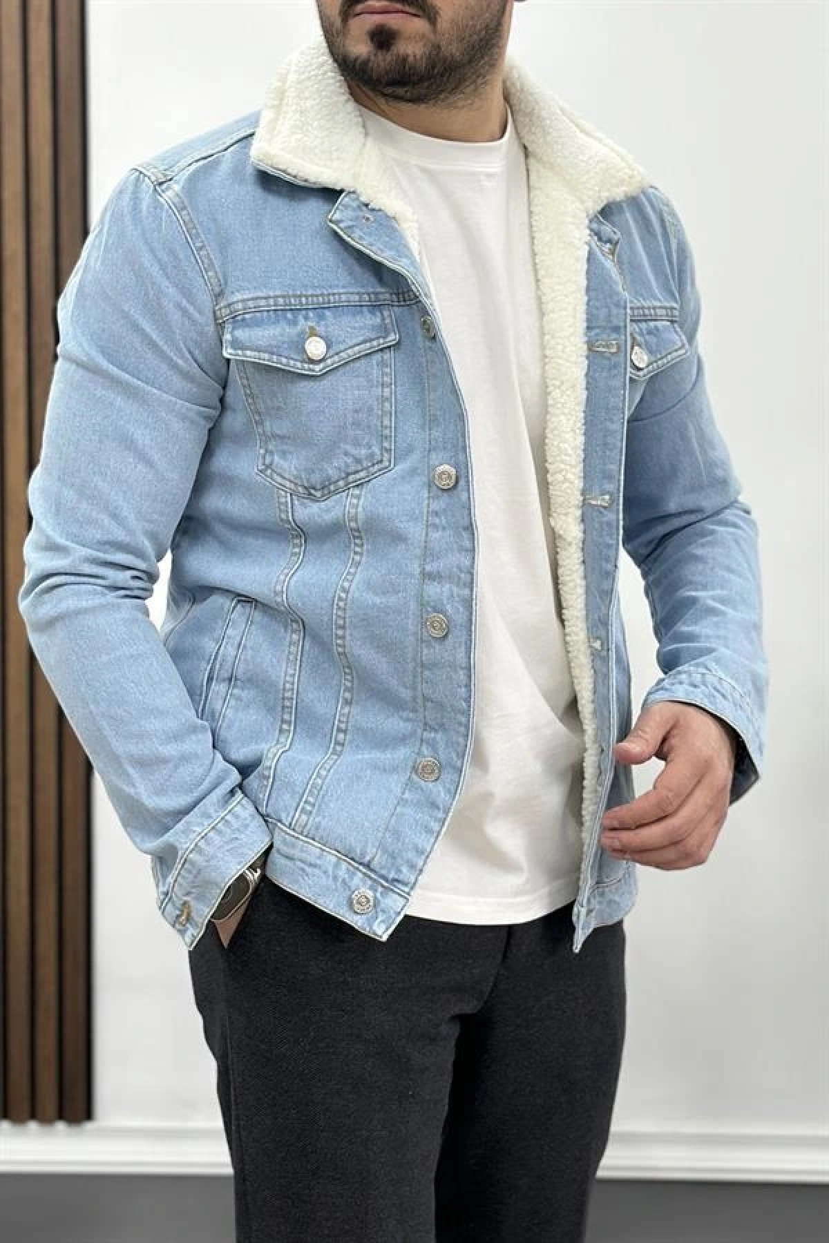 Erkek Slim Fit Cepli İçi Kürklü Düğmeli Kot Ceket Buz Mavi PR113