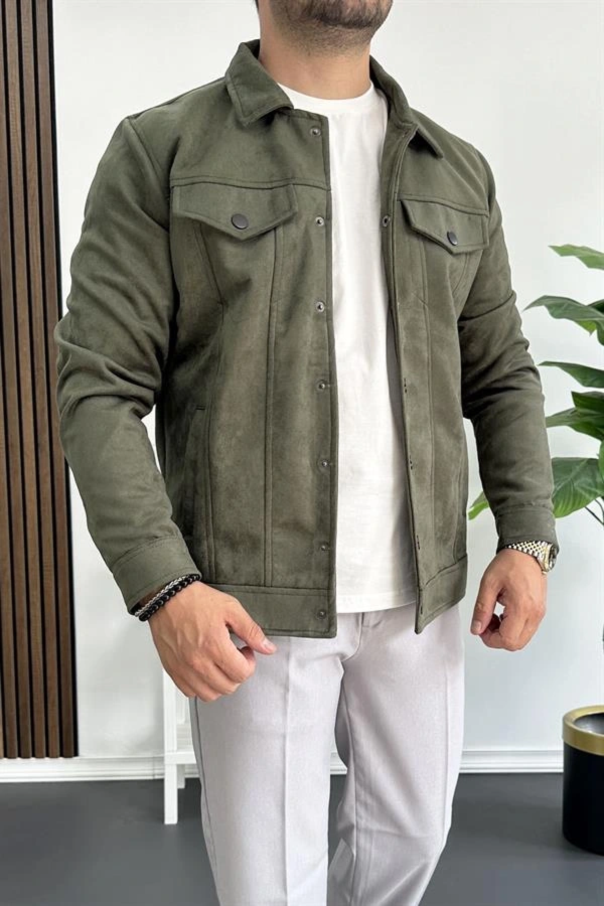 Erkek Slim Fit Cepli Nubuk Ceket Yeşil Edw081