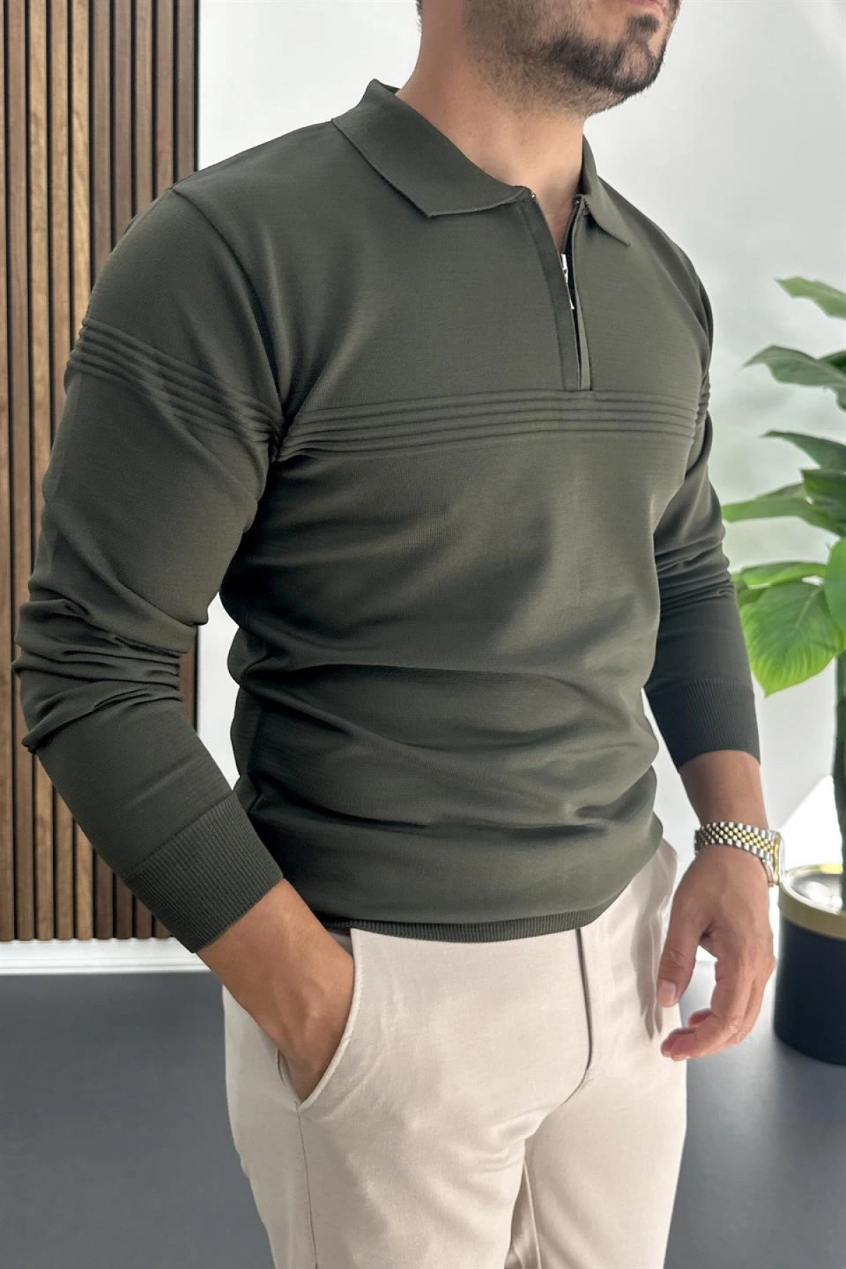 Erkek Slim Fit Çizgi Detaylı Polo Yaka Kazak Yeşil Edw427