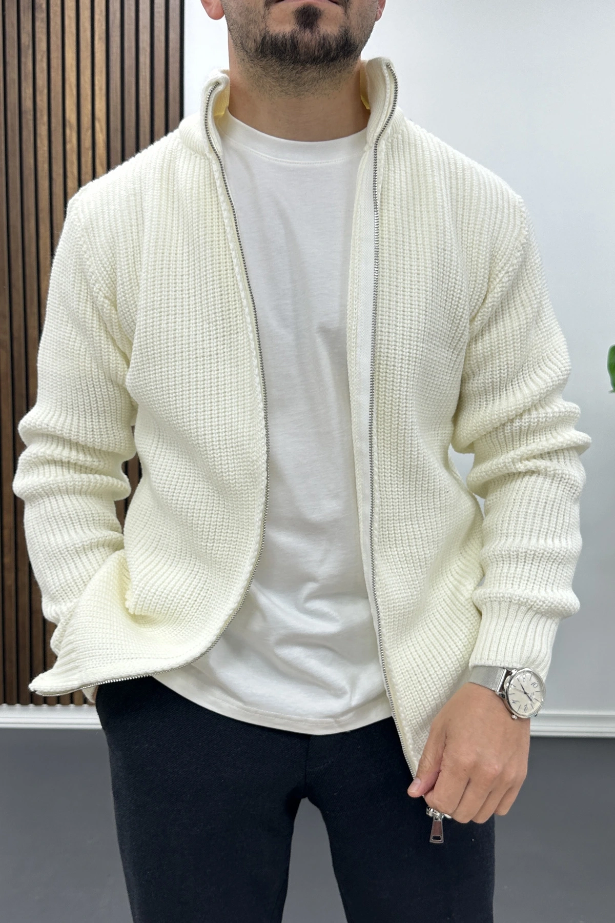 Erkek Slim Fit Fermuarlı Hırka Ekru Edw434