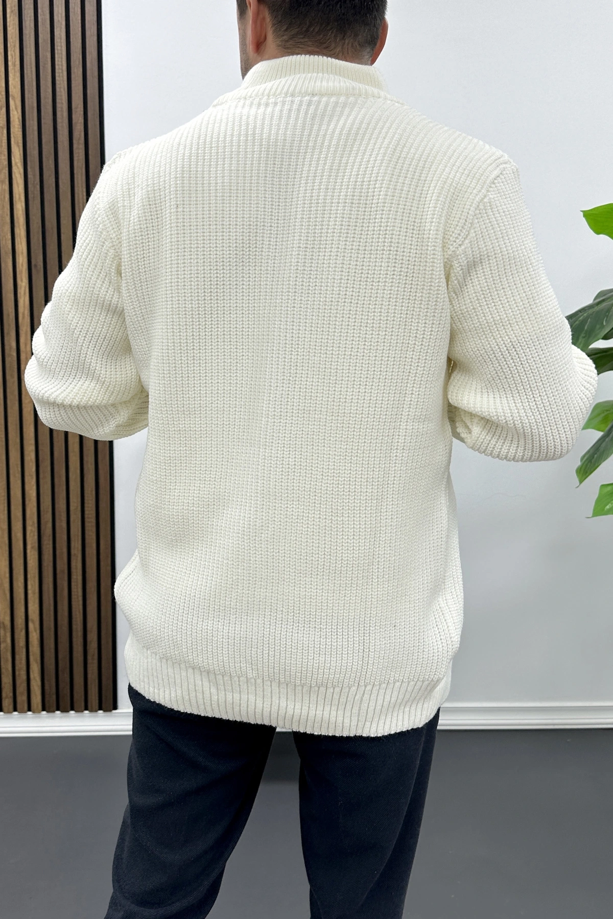 Erkek Slim Fit Fermuarlı Hırka Ekru Edw434