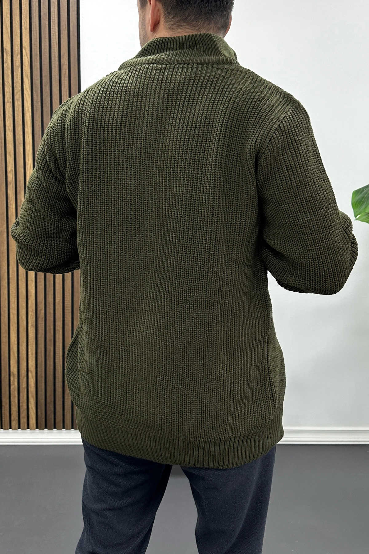 Erkek Slim Fit Fermuarlı Hırka Yeşil Edw434