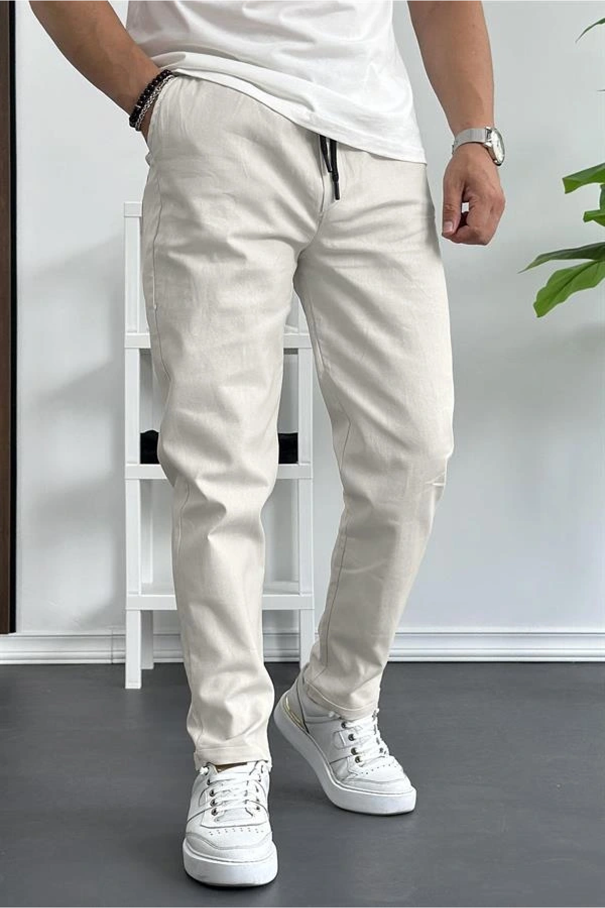 Erkek Slim Fit İnce Keten Pantolon Bej Edw114