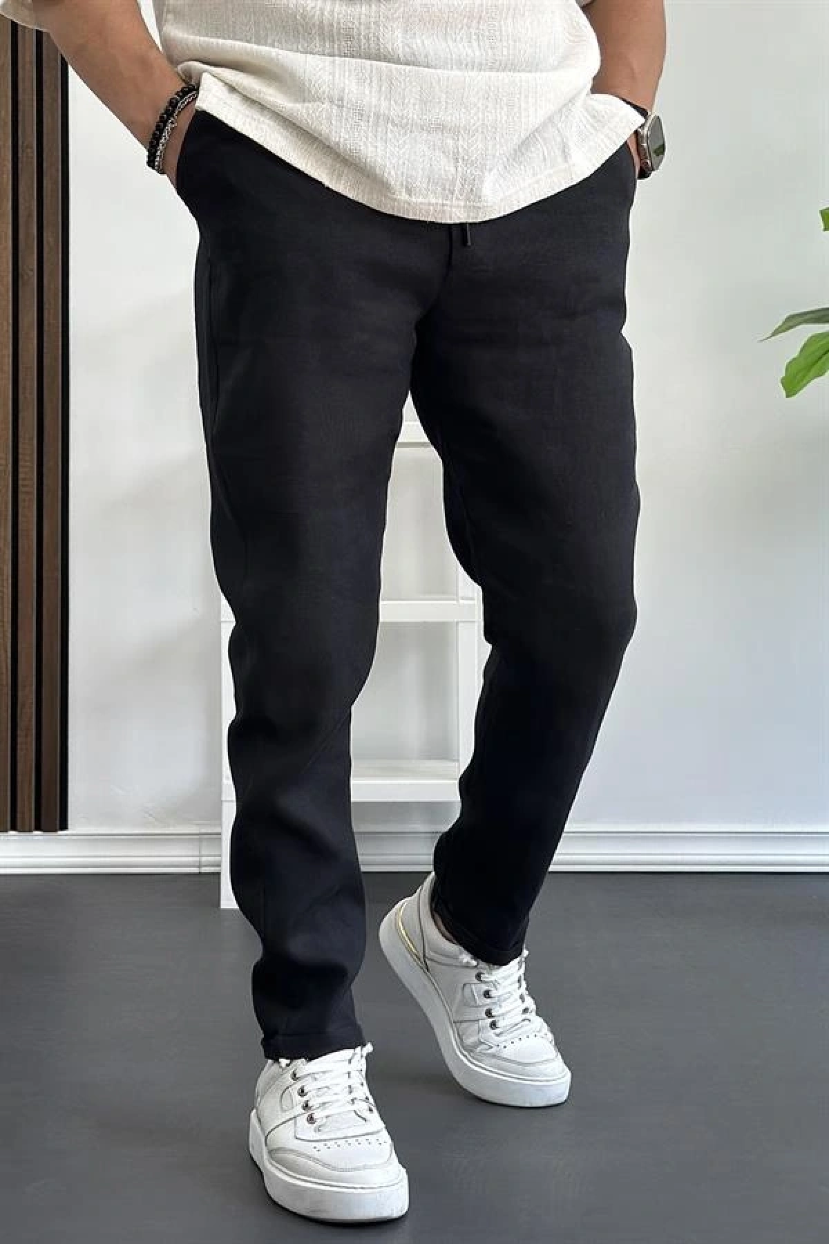 Erkek Slim Fit İnce Keten Pantolon Siyah Edw114