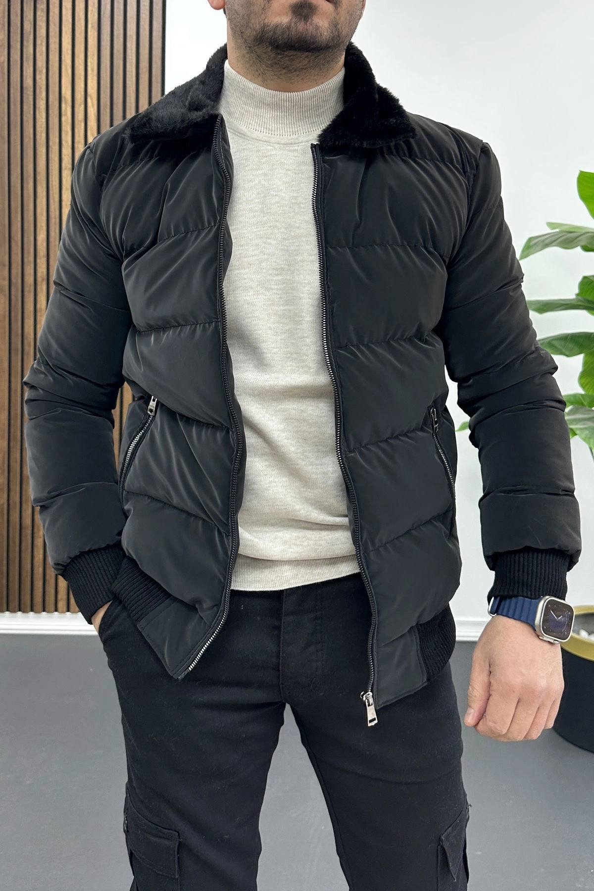 Erkek Slim Fit Karbon Deri Mont Füme Edw440