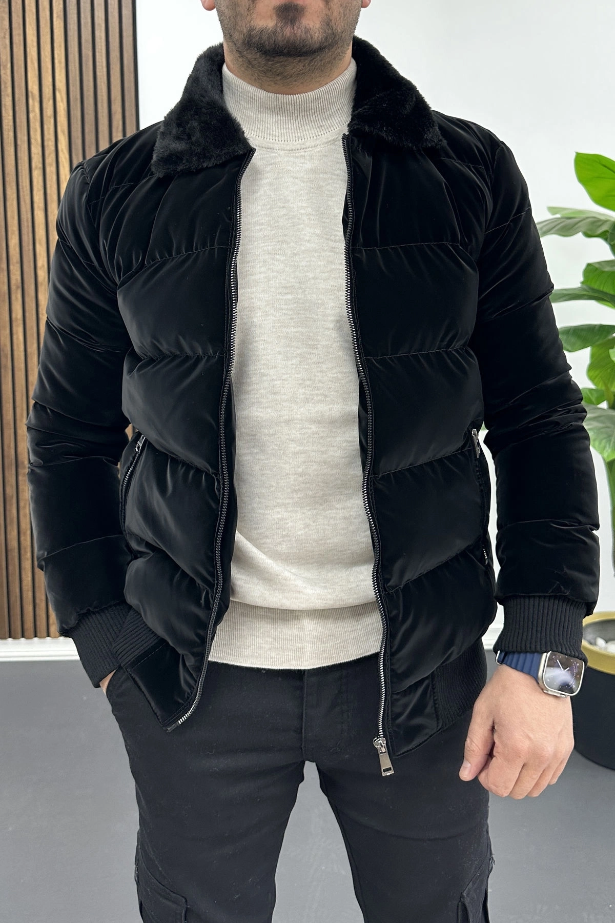 Erkek Slim Fit Karbon Deri Mont Siyah Edw440