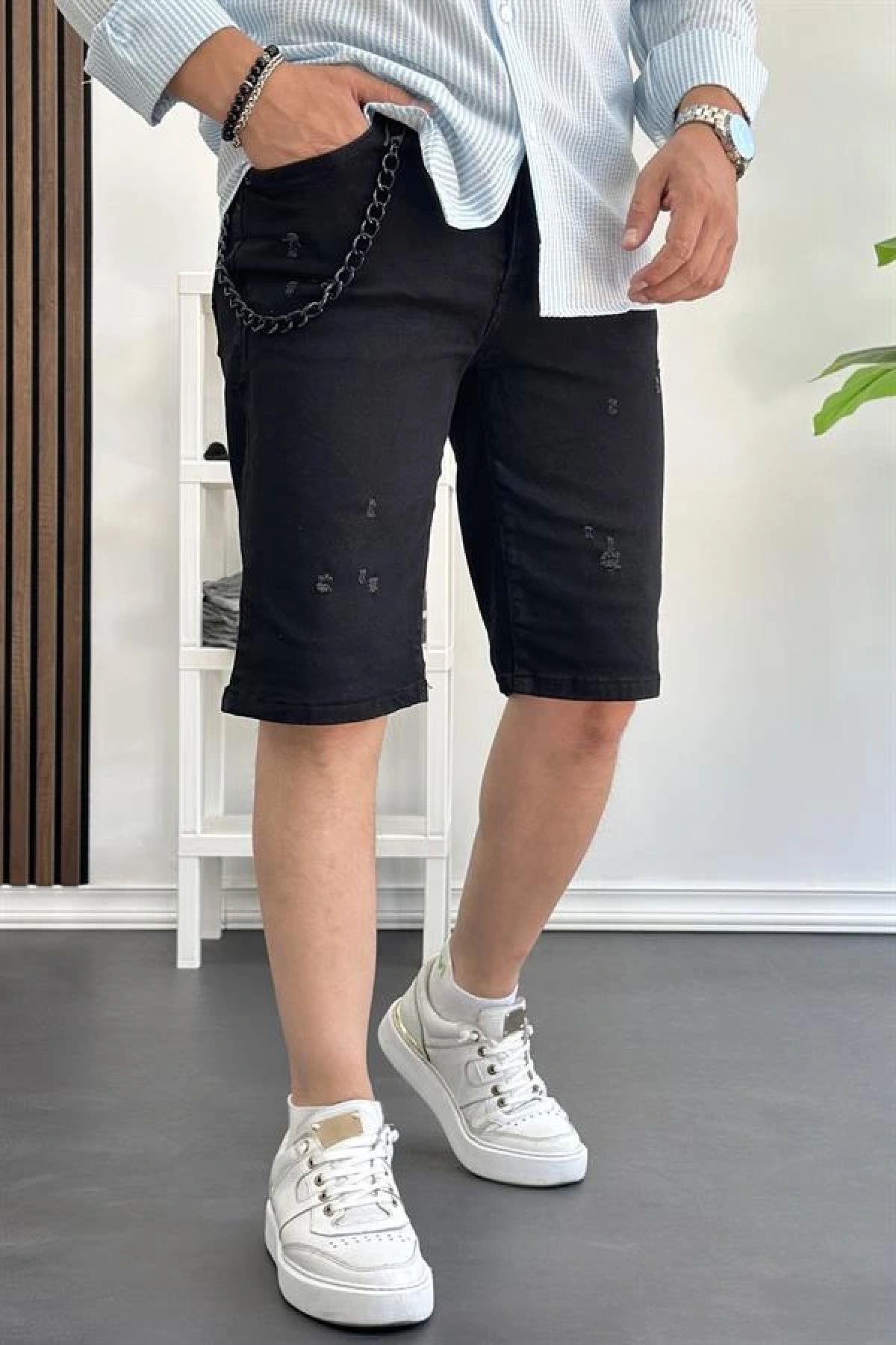 Erkek Slim Fit Likralı Kot Şort Siyah Edw166