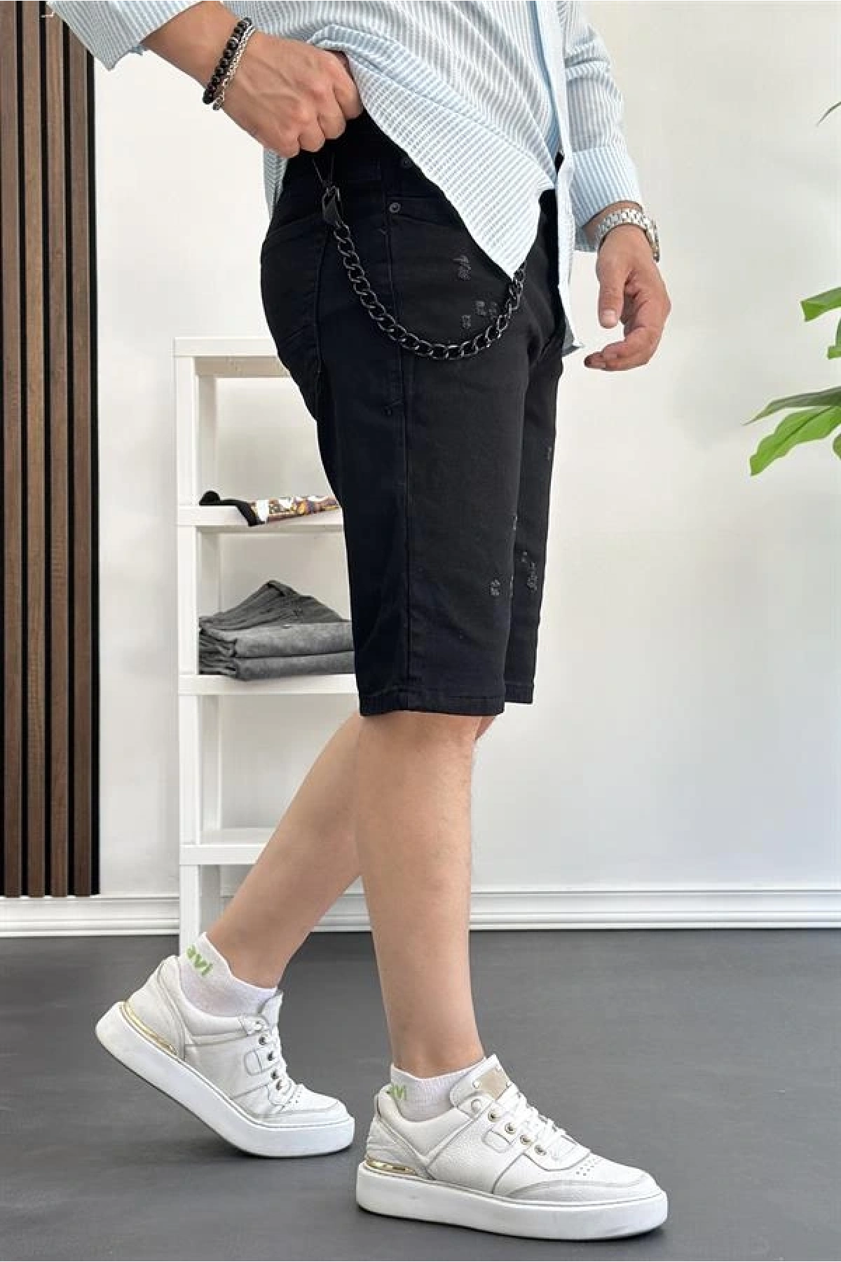 Erkek Slim Fit Likralı Kot Şort Siyah Edw166