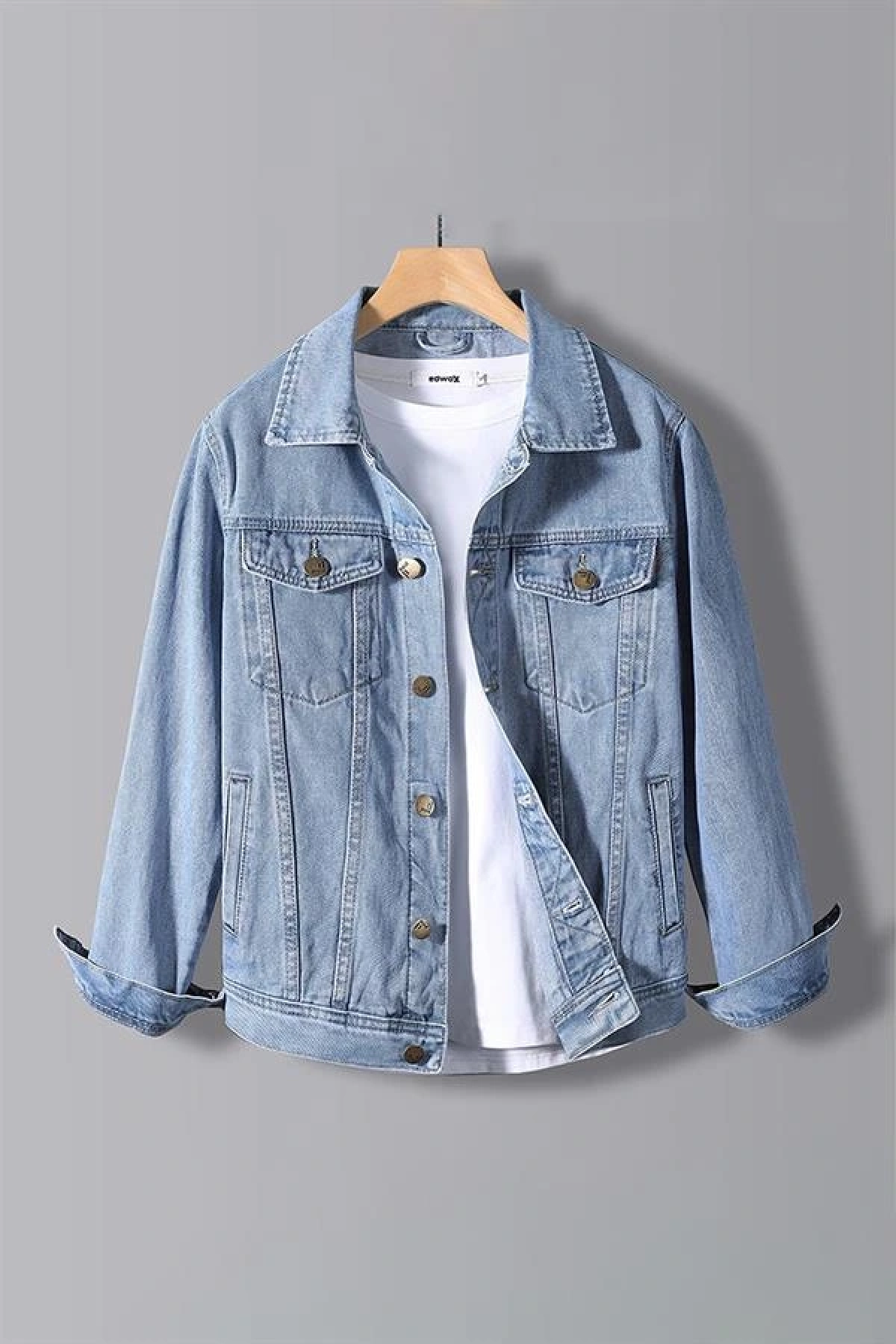 Erkek Slim Fit Sırt Baskılı Denim Kot Ceket Açık Mavi Edw374