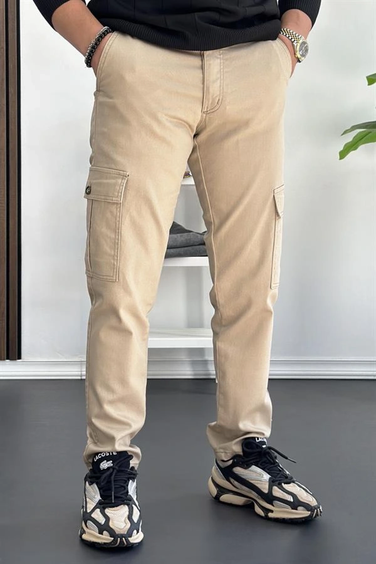 Erkek Yan Cepli Kargo Pantolon Krem Edw184
