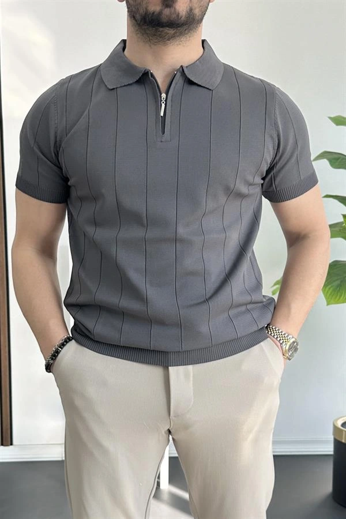 Erkek Yarım Fermuarlı Polo Yaka Tişört Füme Edw257
