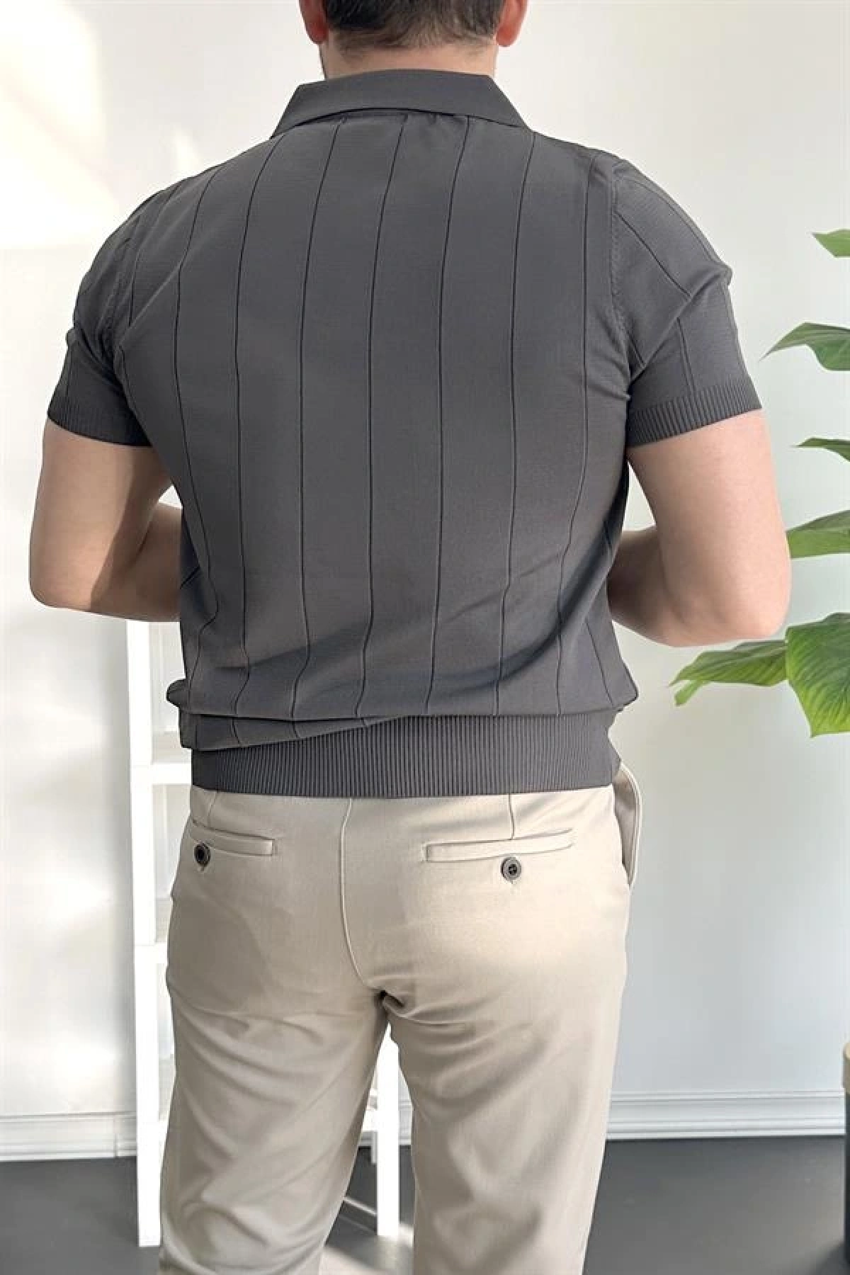 Erkek Yarım Fermuarlı Polo Yaka Tişört Füme Edw257
