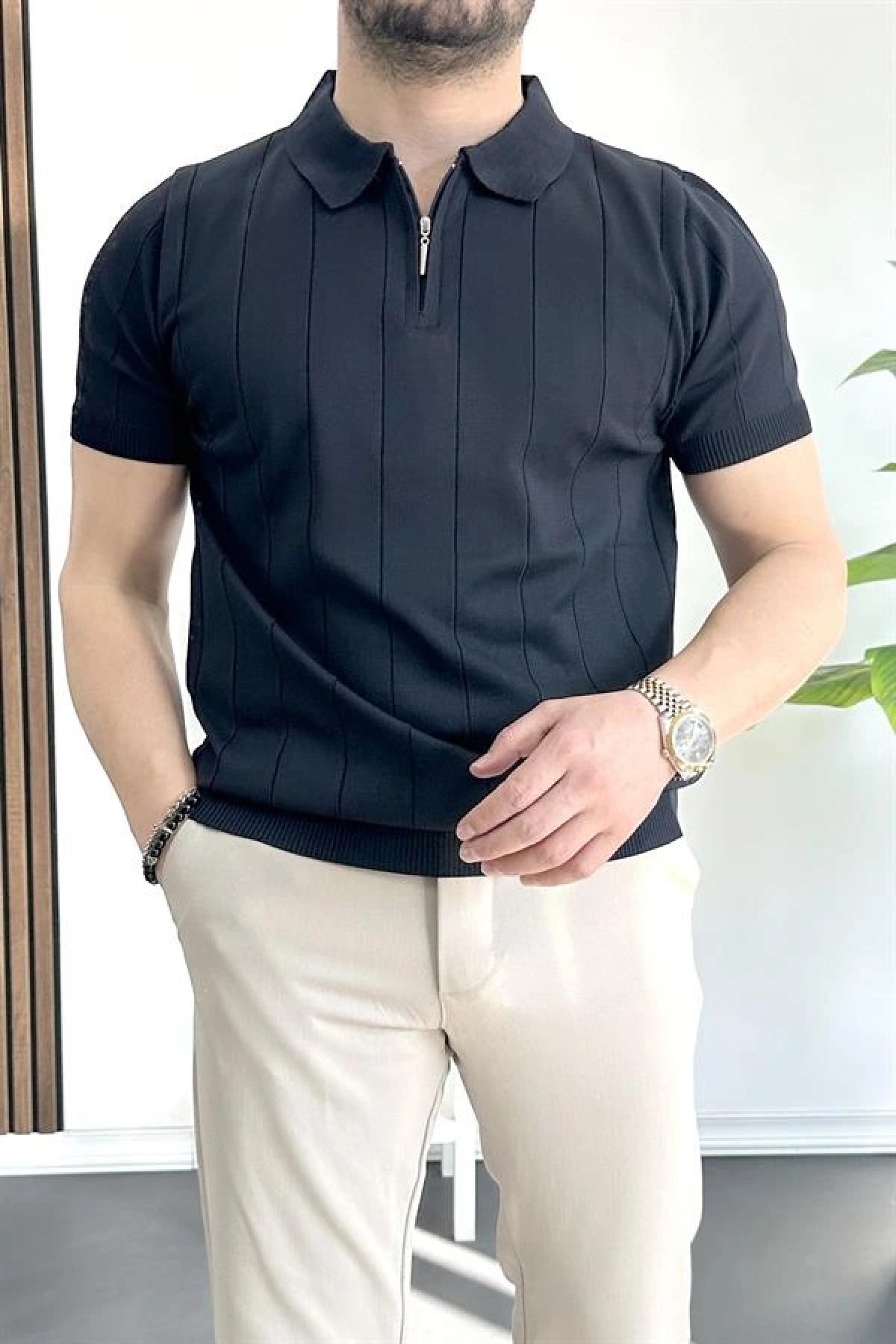 Erkek Yarım Fermuarlı Polo Yaka Tişört Lacivert Edw257