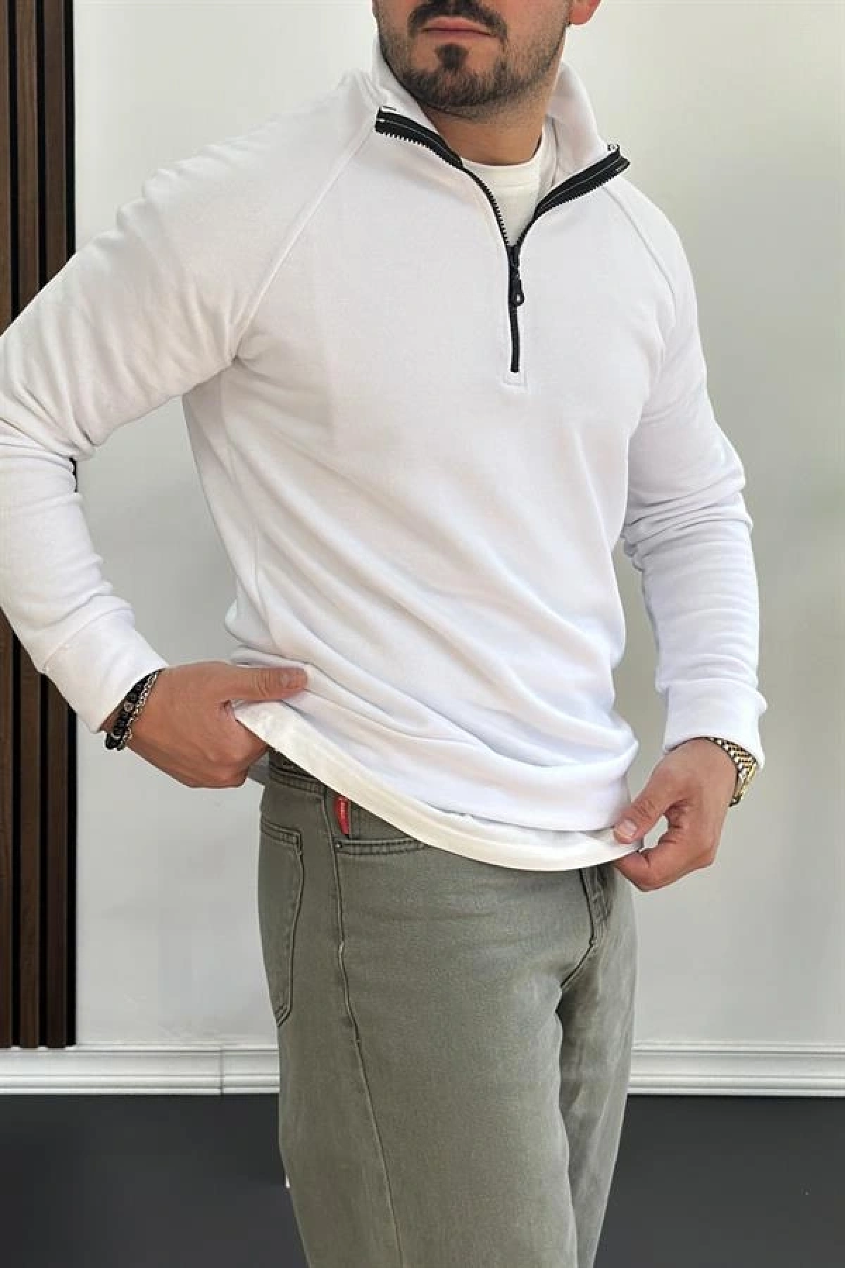 Erkek Yarım Fermuarlı Sweatshirt Beyaz Edw212