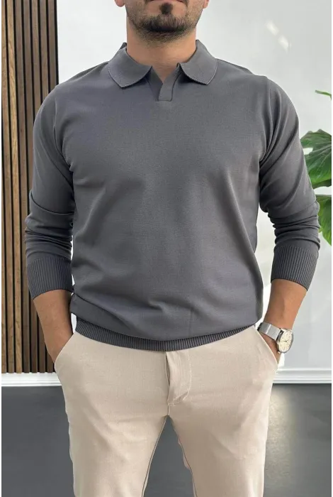 Erkek Açık Yaka Düz Desen Normal Kalıp Kazak Füme Edw423