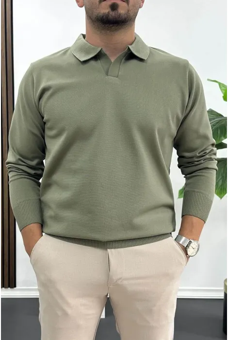 Erkek Açık Yaka Düz Desen Normal Kalıp Kazak Haki Edw423