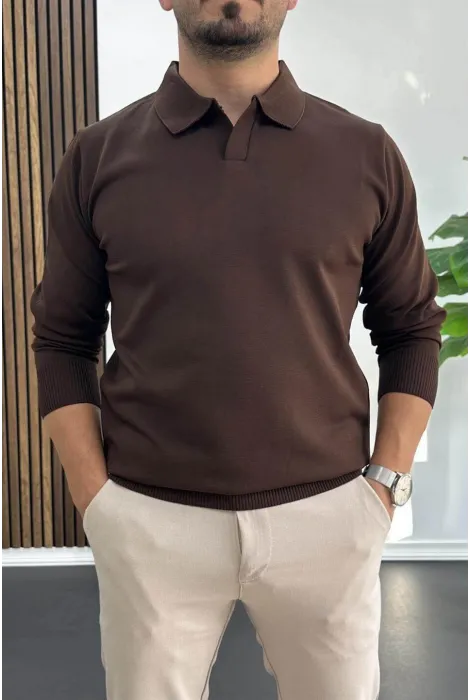 Erkek Açık Yaka Düz Desen Normal Kalıp Kazak Kahverengi Edw423
