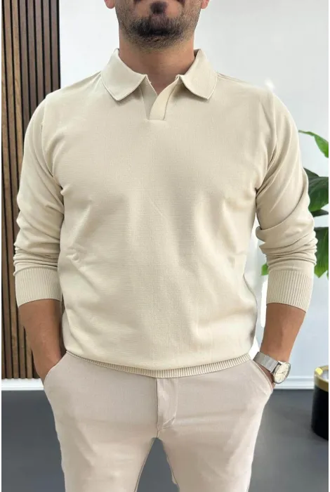 Erkek Açık Yaka Düz Desen Normal Kalıp Kazak Krem Edw423