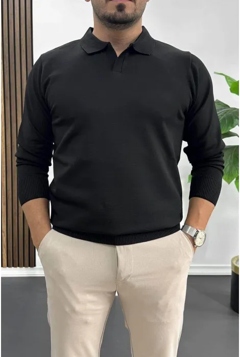 Erkek Açık Yaka Düz Desen Normal Kalıp Kazak Siyah Edw423