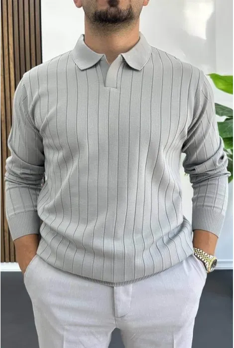 Erkek Açık Yaka Normal Kalıp Kazak Gri Edw412