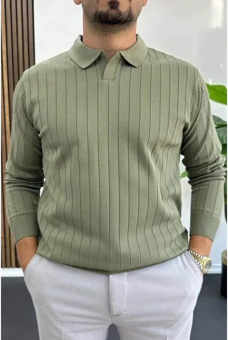 Erkek Açık Yaka Normal Kalıp Kazak Haki Edw412