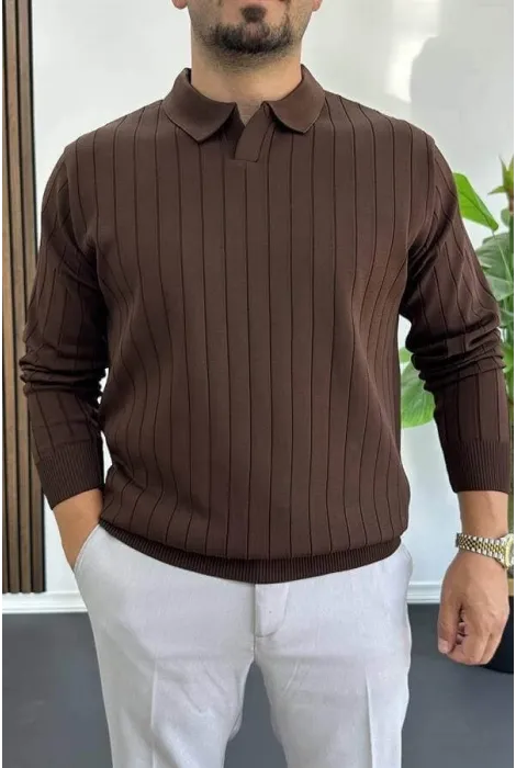 Erkek Açık Yaka Normal Kalıp Kazak Kahverengi Edw412